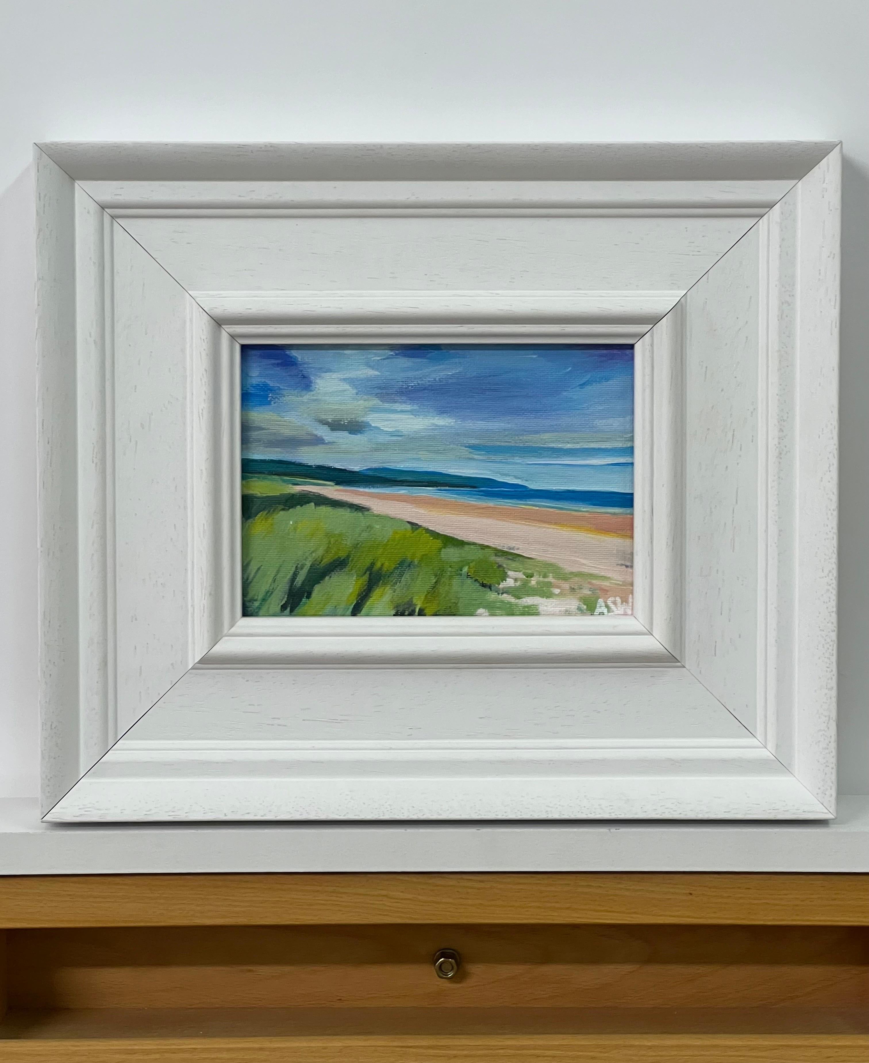 Miniature Beach Landscape of East Coast of Scottish Highlands by British Artist - Painting by Angela Wakefield