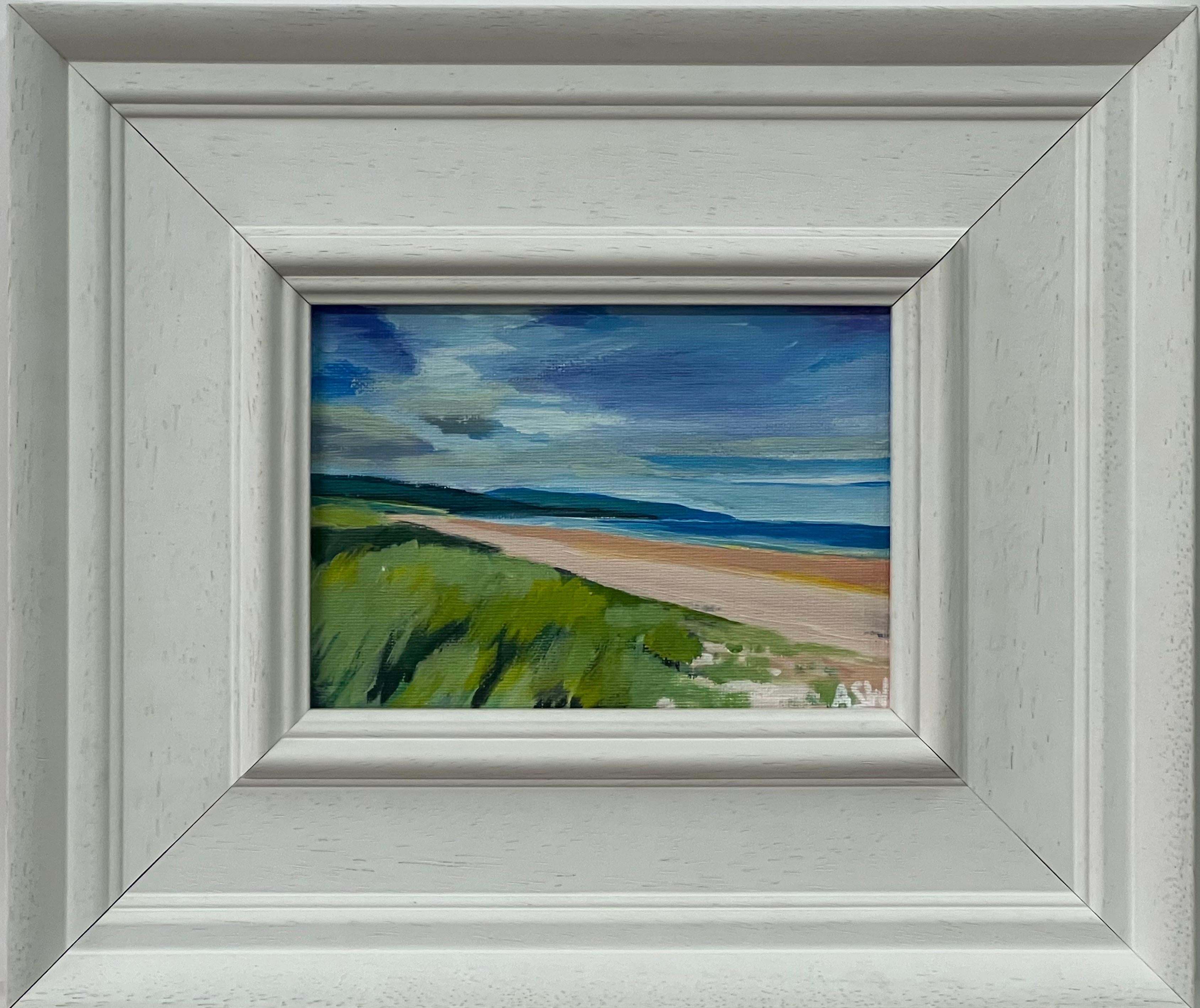 Angela Wakefield Abstract Painting - Miniature Beach Landscape of East Coast of Scottish Highlands by British Artist