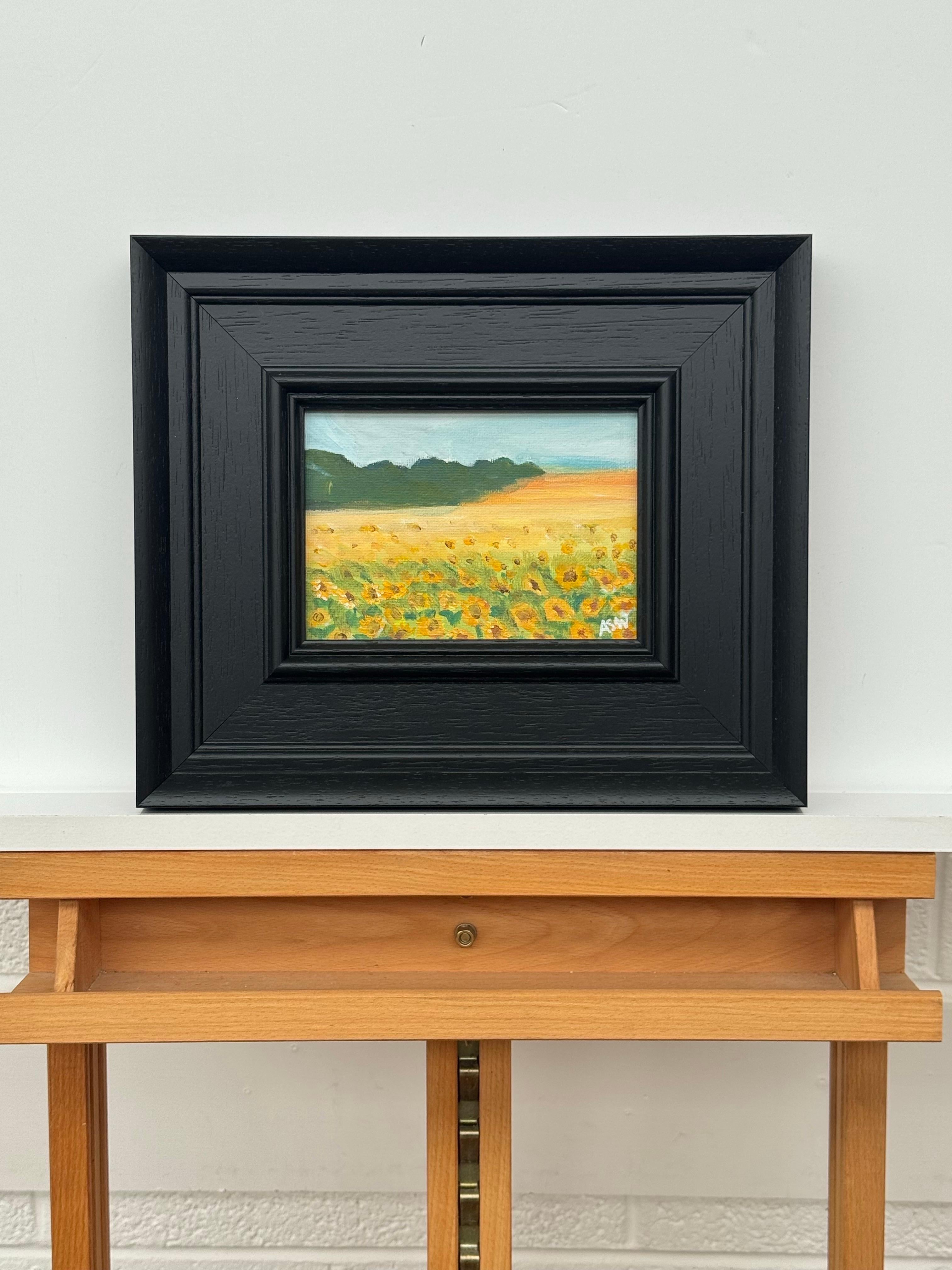Miniatur-Landschaftsstudie eines Sonnenblumenfeldes, Frankreich, von einem zeitgenössischen Künstler (Zeitgenössisch), Painting, von Angela Wakefield