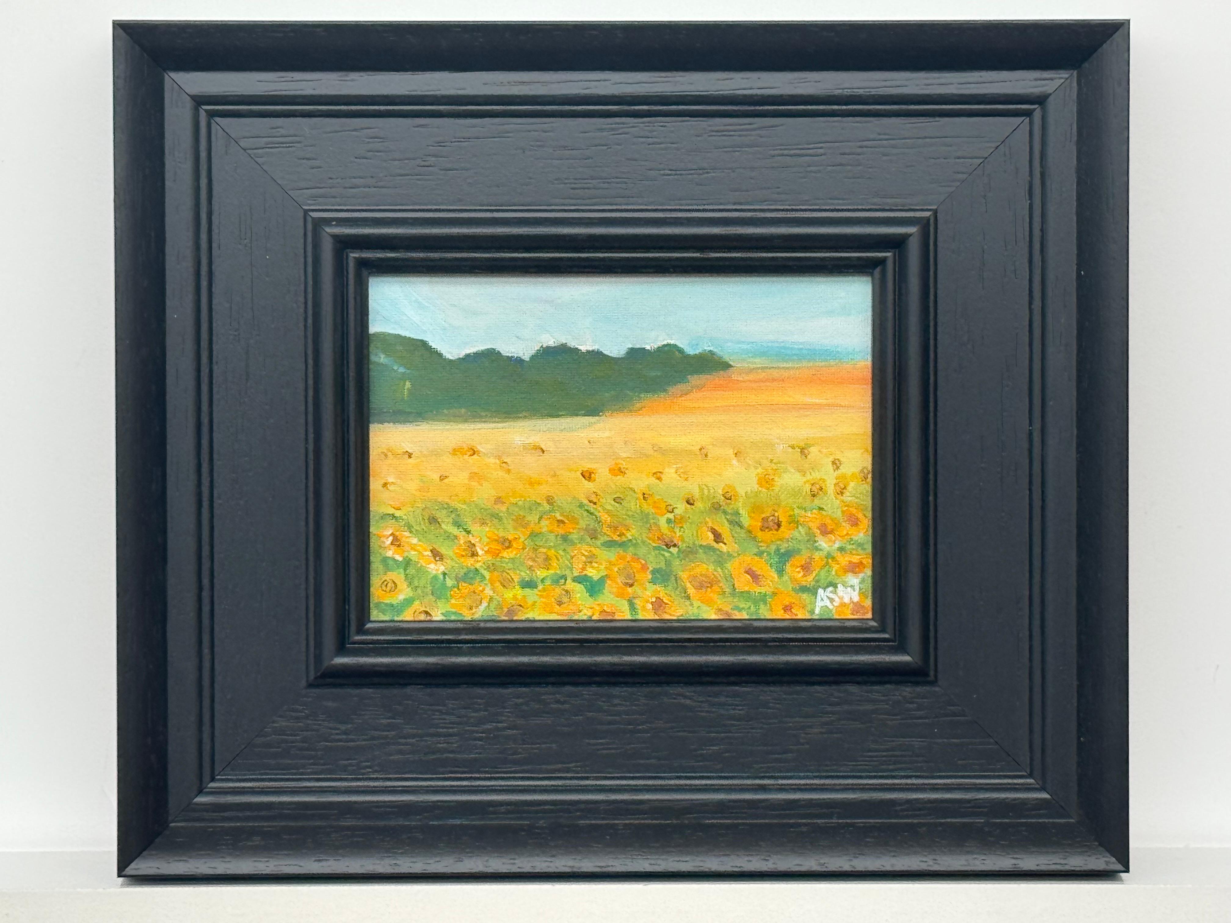 Miniatur-Landschaftsstudie eines Sonnenblumenfeldes, Frankreich, von einem zeitgenössischen Künstler im Angebot 4
