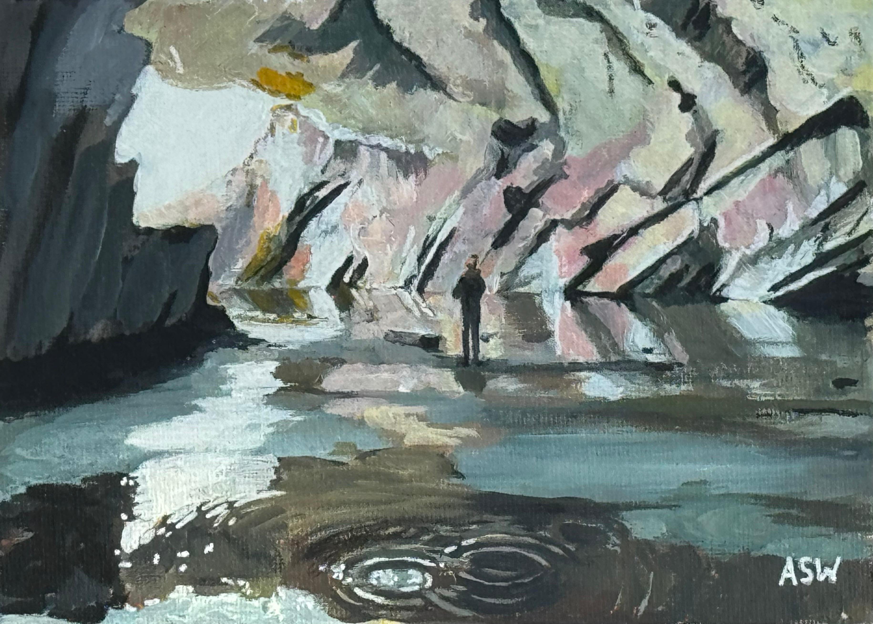Paisaje en miniatura de las cuevas de Rydal en Loughrigg Fell, en el Distrito de los Lagos, Inglaterra - Painting de Angela Wakefield