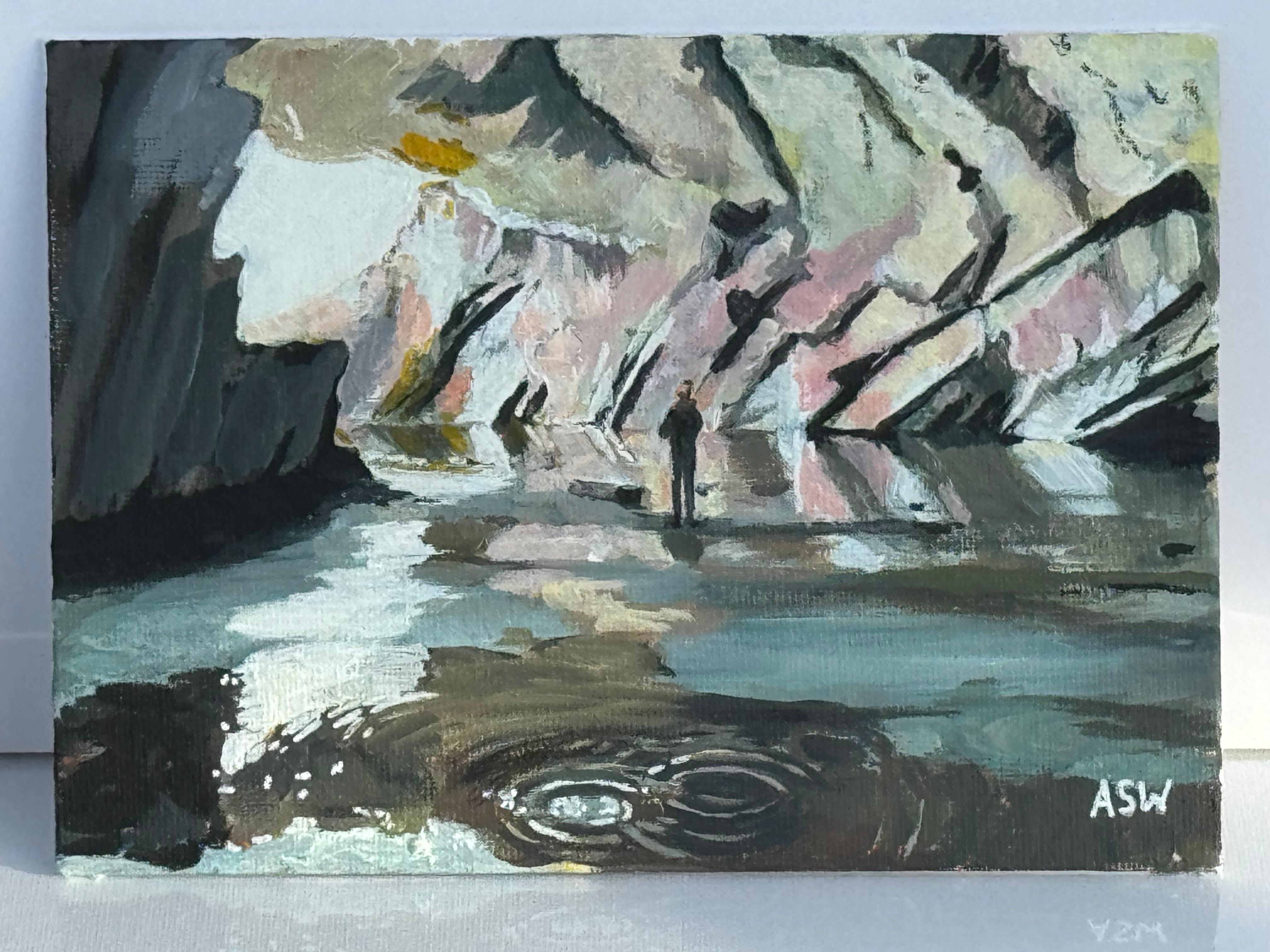 Paisaje en miniatura de las cuevas de Rydal en Loughrigg Fell, en el Distrito de los Lagos, Inglaterra - Painting Contemporáneo de Angela Wakefield
