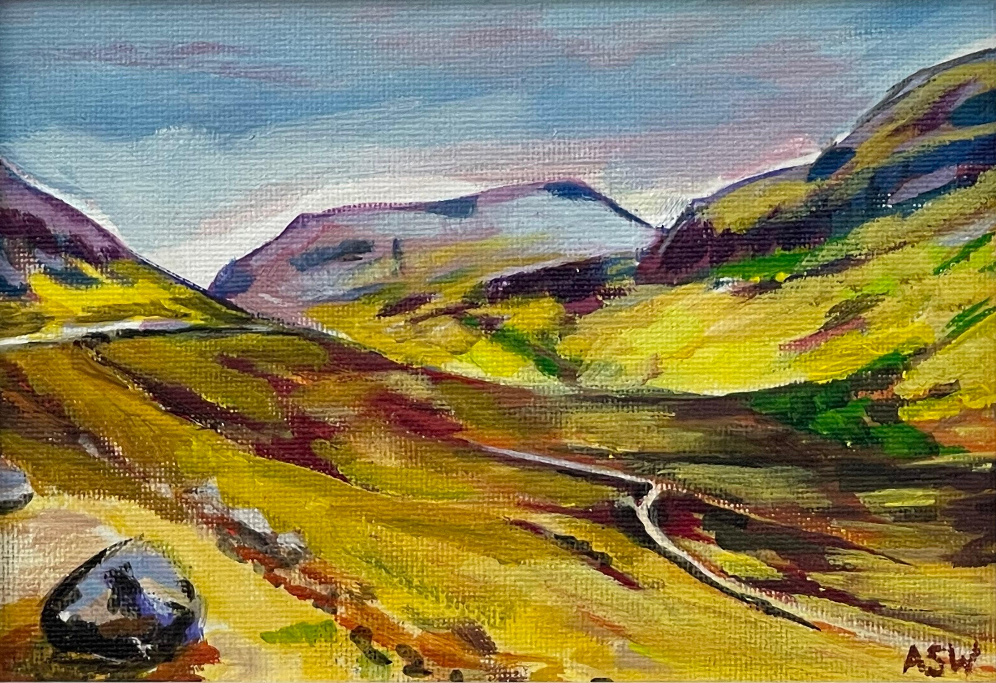 Miniature Landscape Study of Scottish Highlands by Contemporary British Artist - Gray Abstract Painting by Angela Wakefield