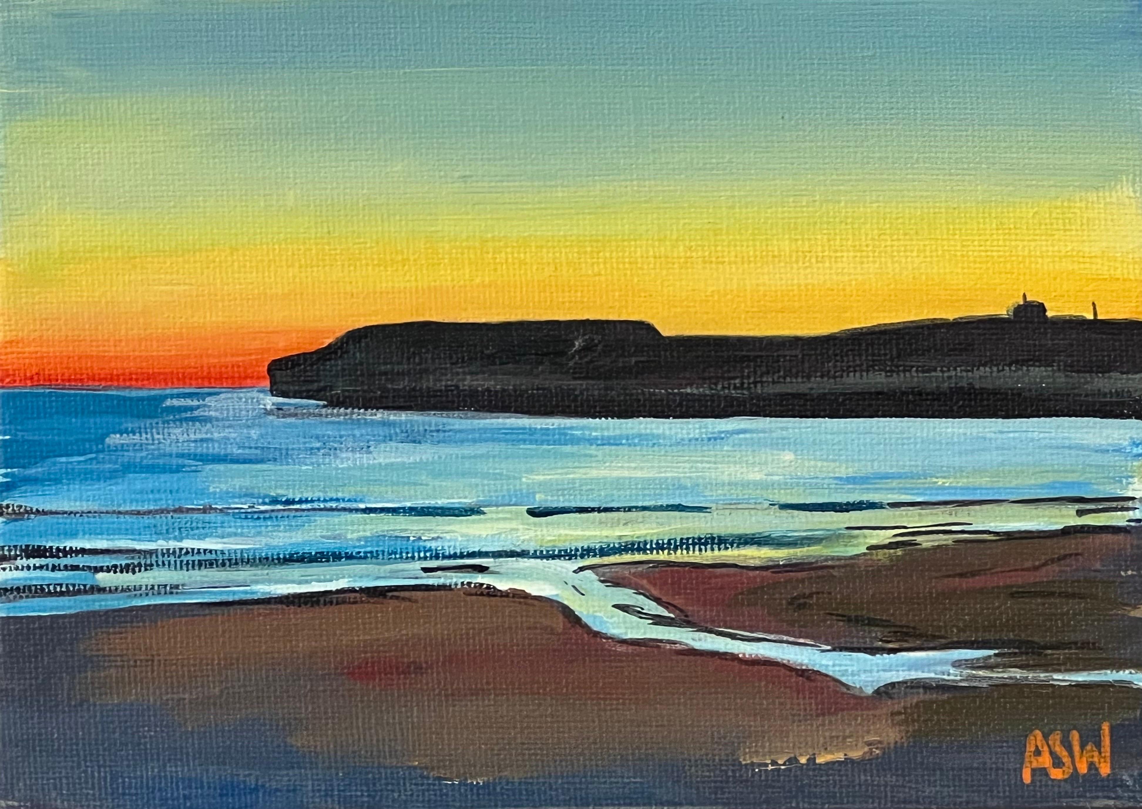 Miniatura de la puesta de sol en Dunnet Head, en las Tierras Altas de Escocia, de la artista británica contemporánea Angela Wakefield. Este original único representa el punto más septentrional de Escocia. 

El arte mide 7 x 5 pulgadas
El marco mide