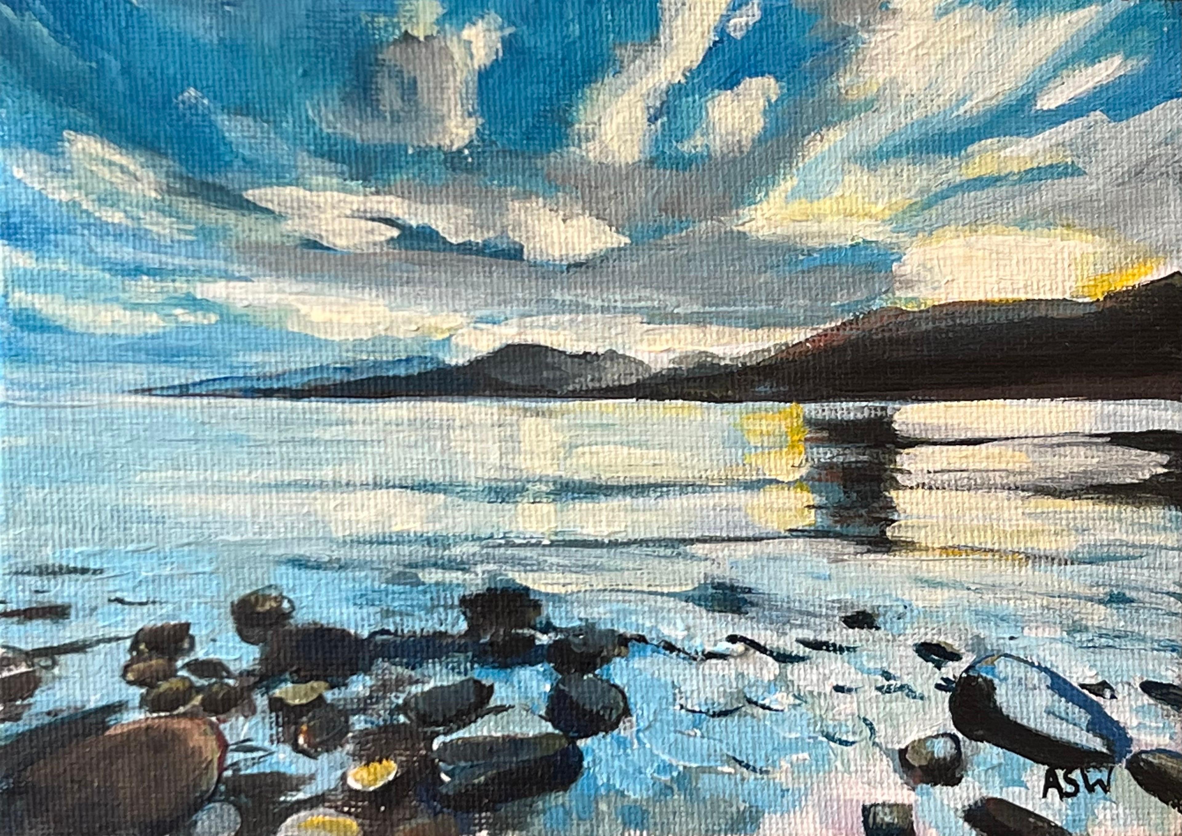 Miniature of Lake side as the Sun Sets in Scottish Highlands by British Artist - Painting by Angela Wakefield