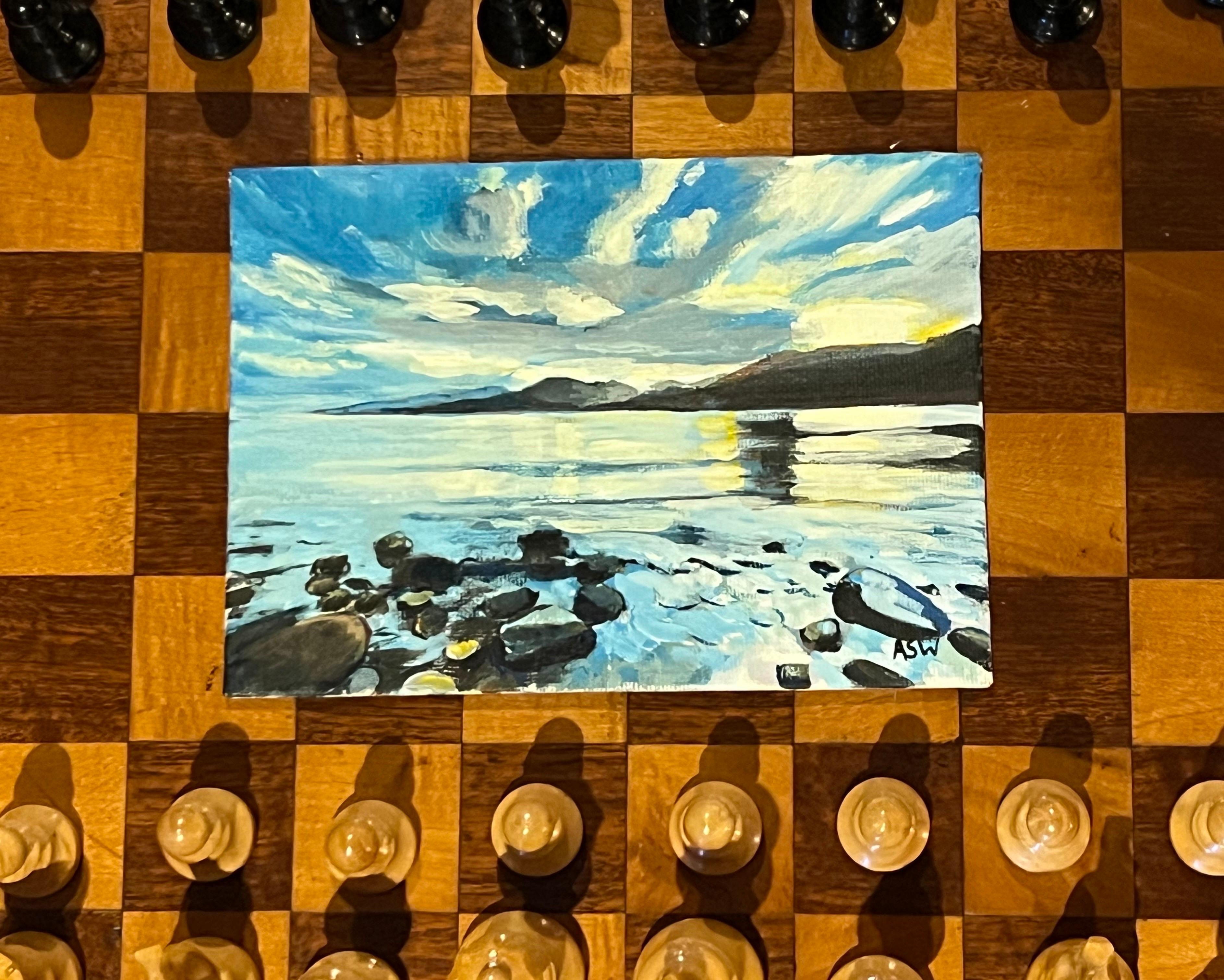 Miniature of Lake side as the Sun Sets in Scottish Highlands by British Artist - Contemporary Painting by Angela Wakefield