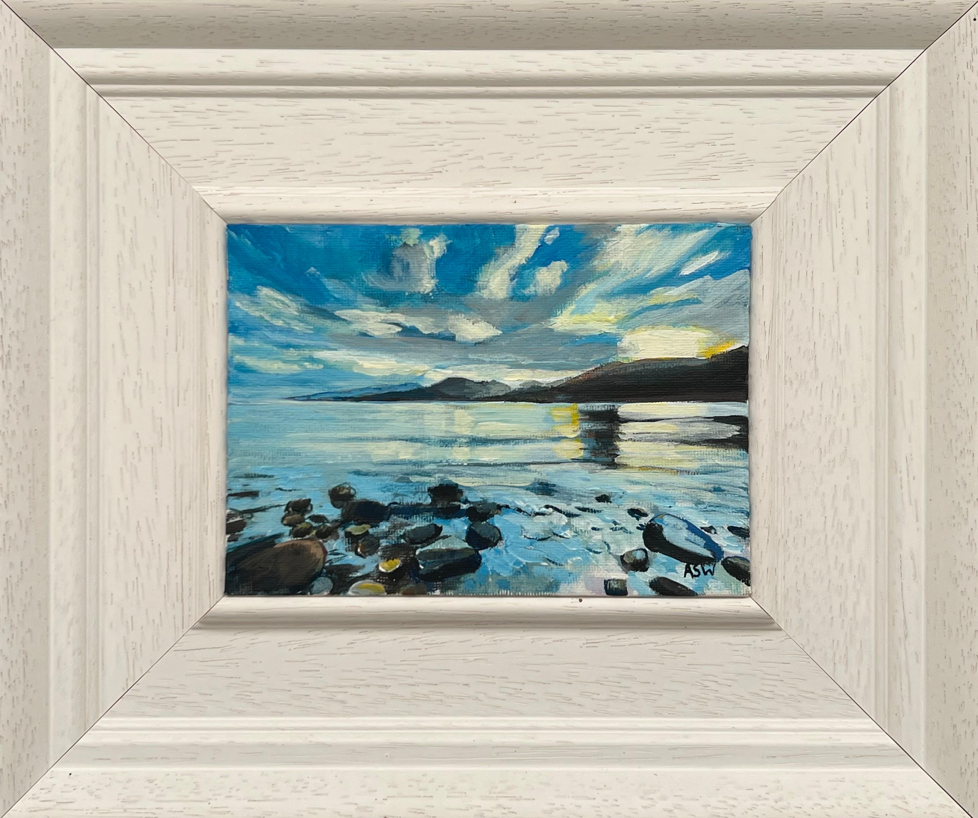 Angela Wakefield Abstract Painting - Miniature of Lake side as the Sun Sets in Scottish Highlands by British Artist