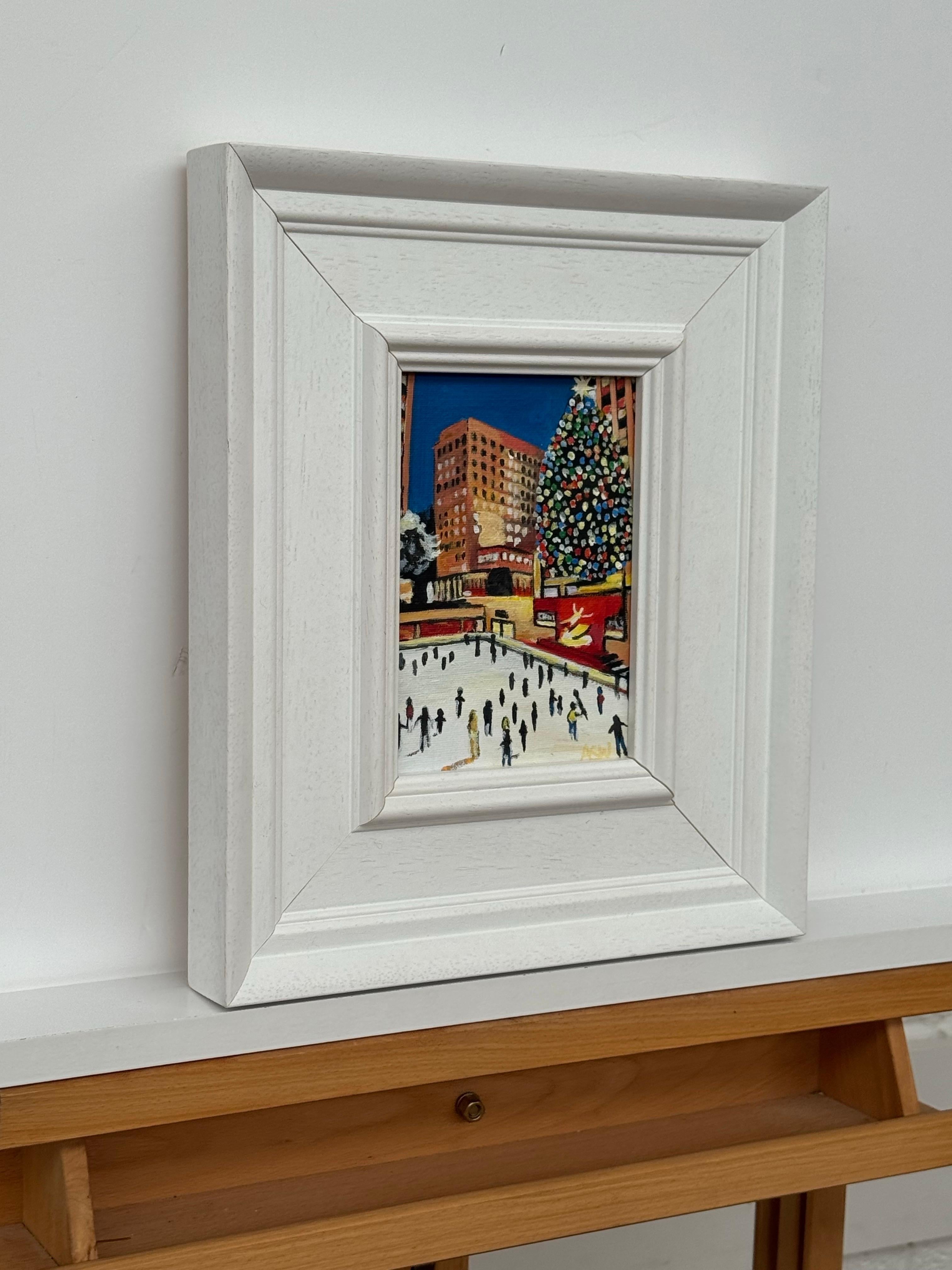 Miniature Original Painting Art Study of Central Park Christmas New York City - Brown Landscape Painting by Angela Wakefield