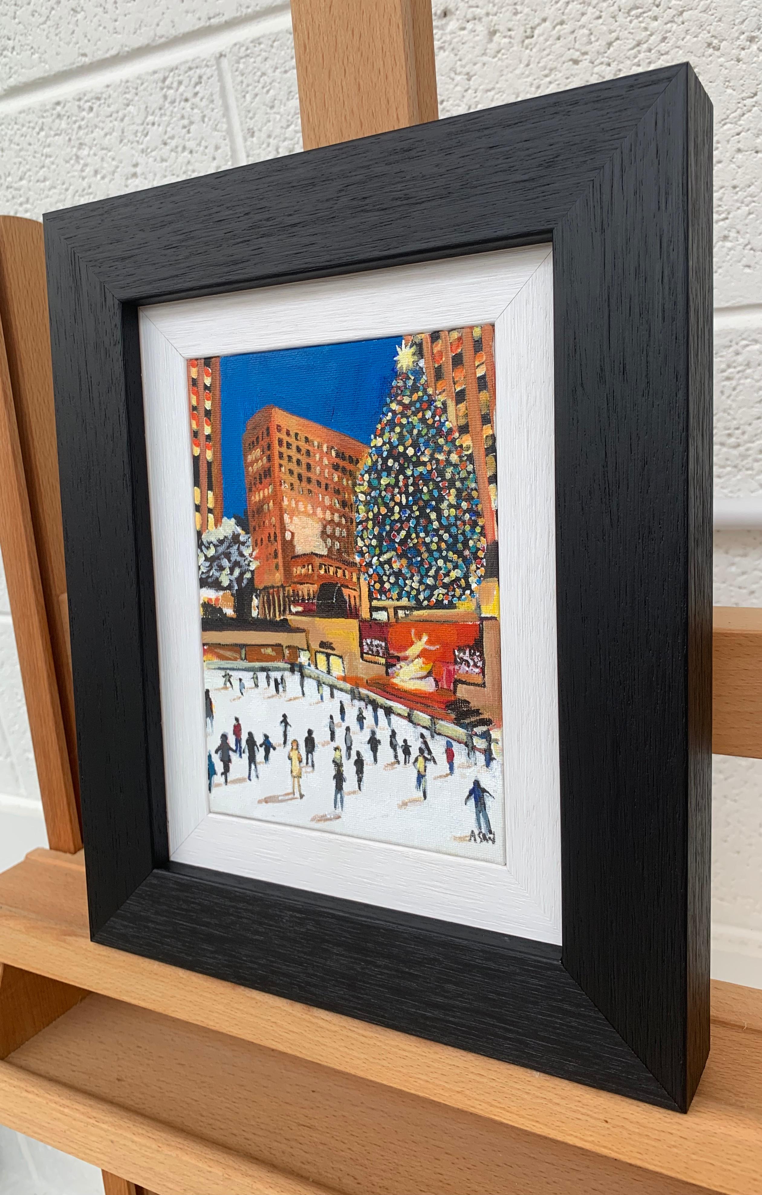 Miniature Original Painting of Central Park Christmas New York by British Artist - Brown Landscape Painting by Angela Wakefield