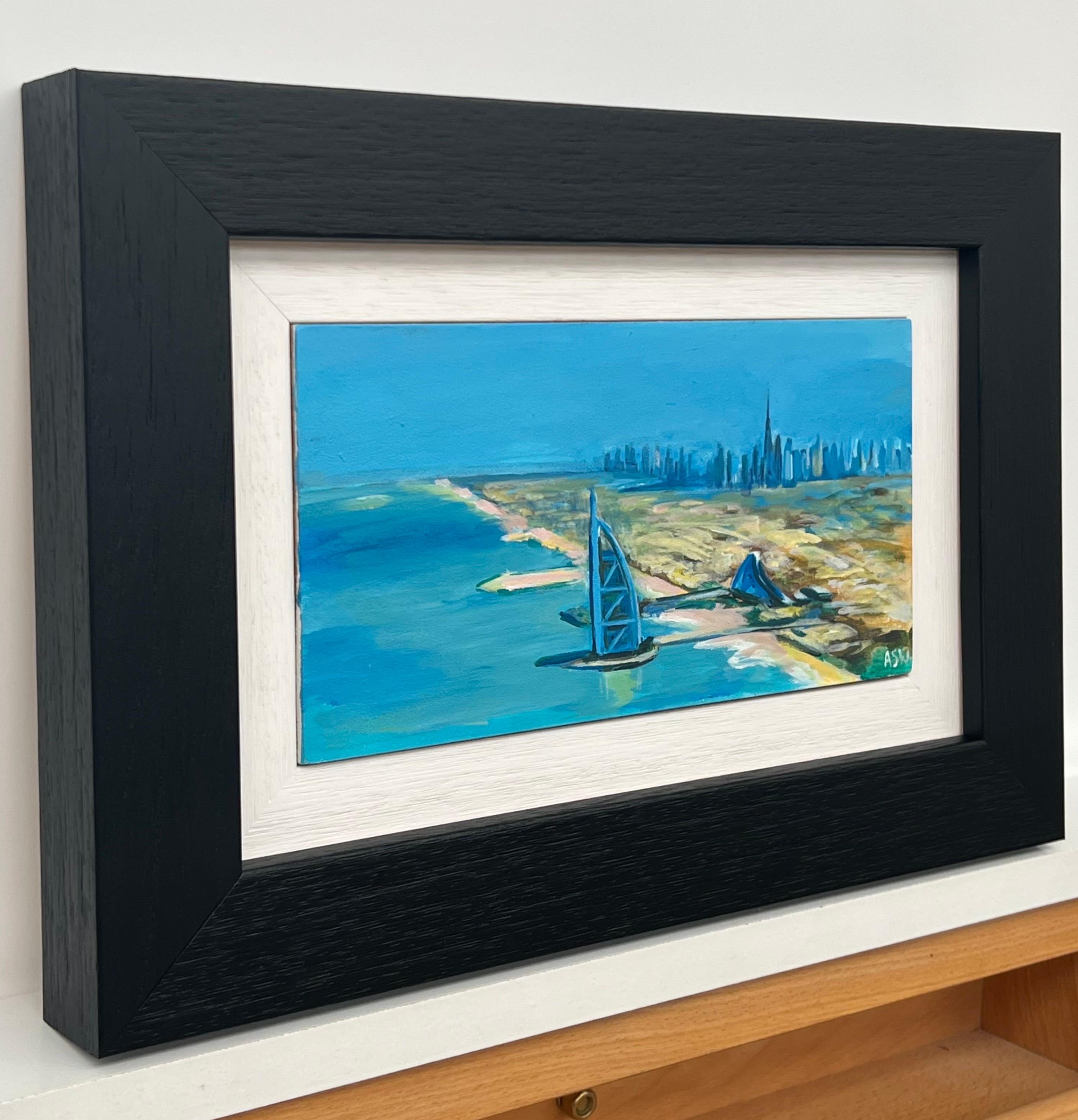 Miniatur-Gemälde der Stadt Dubai Vereinigte Arabische Emirate UAE von britischen Künstler – Painting von Angela Wakefield