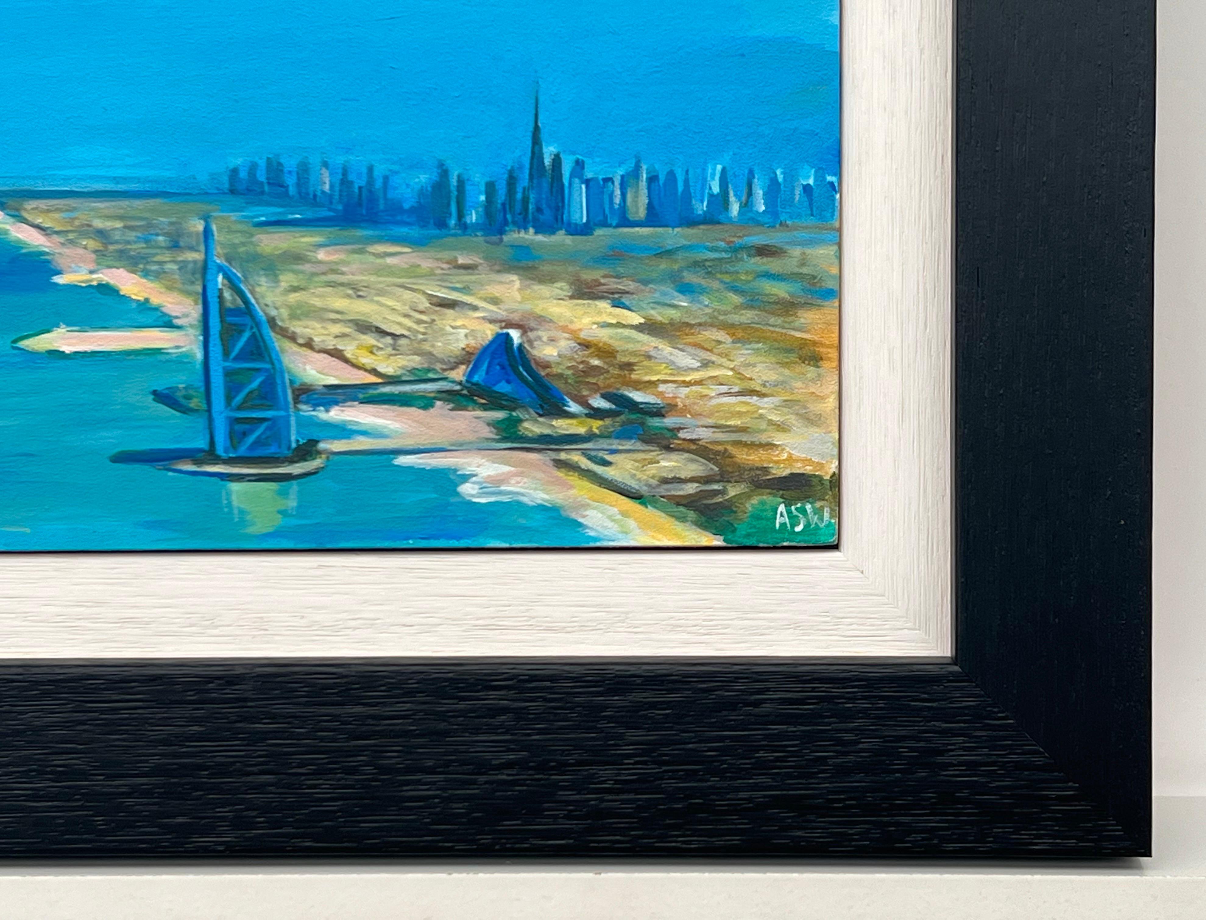 Miniature Painting of the City of Dubai United Arab Emirates UAE, a unique original from leading Contemporary British Artist, Angela Wakefield. A vibrant and futuristic skyline emerges from the canvas, as golden desert sands meet towering glass