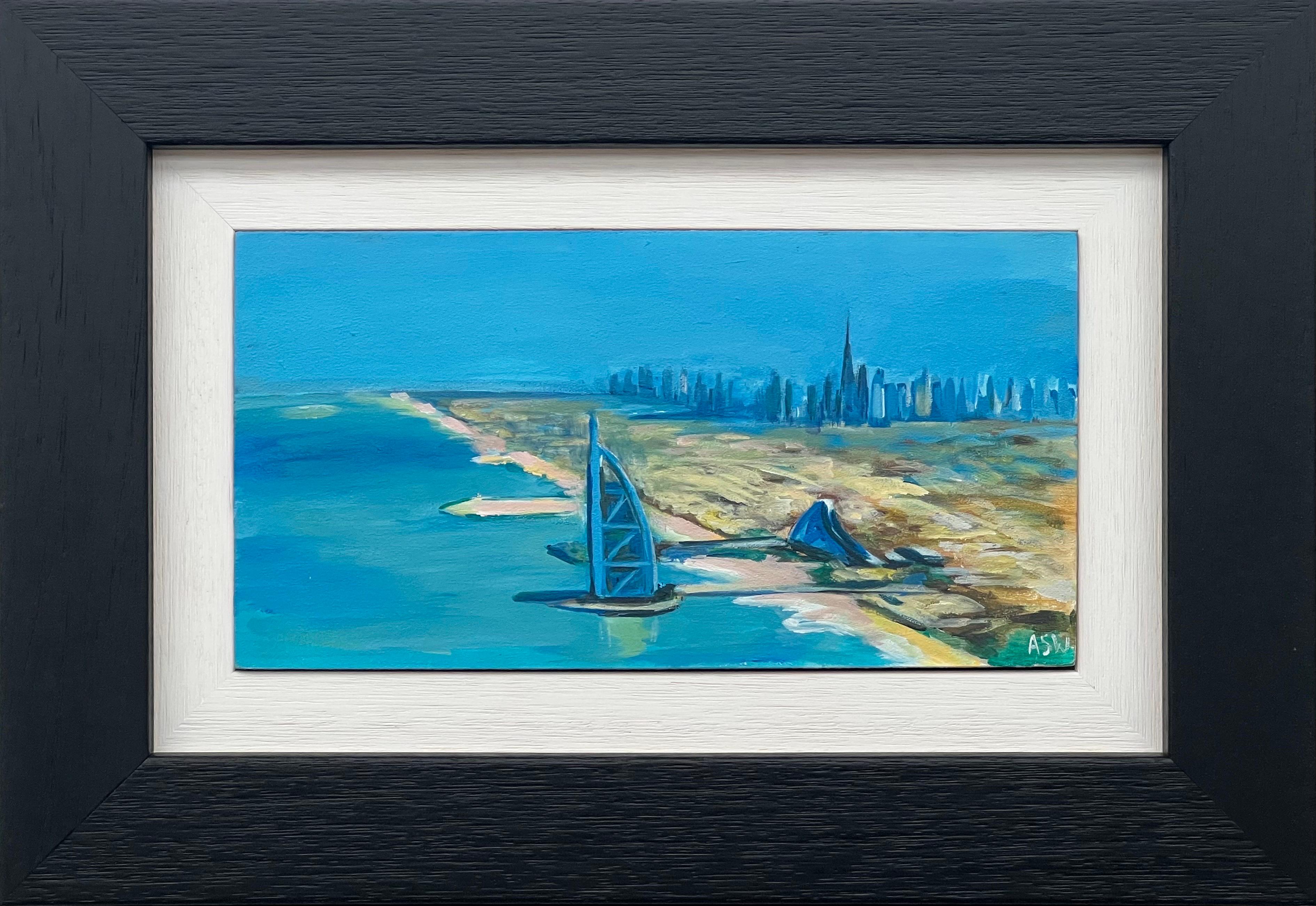 Landscape Painting Angela Wakefield - Peinture Miniature de la ville de Dubaï Emirats Arabes Unis EAU par un Artiste Britannique