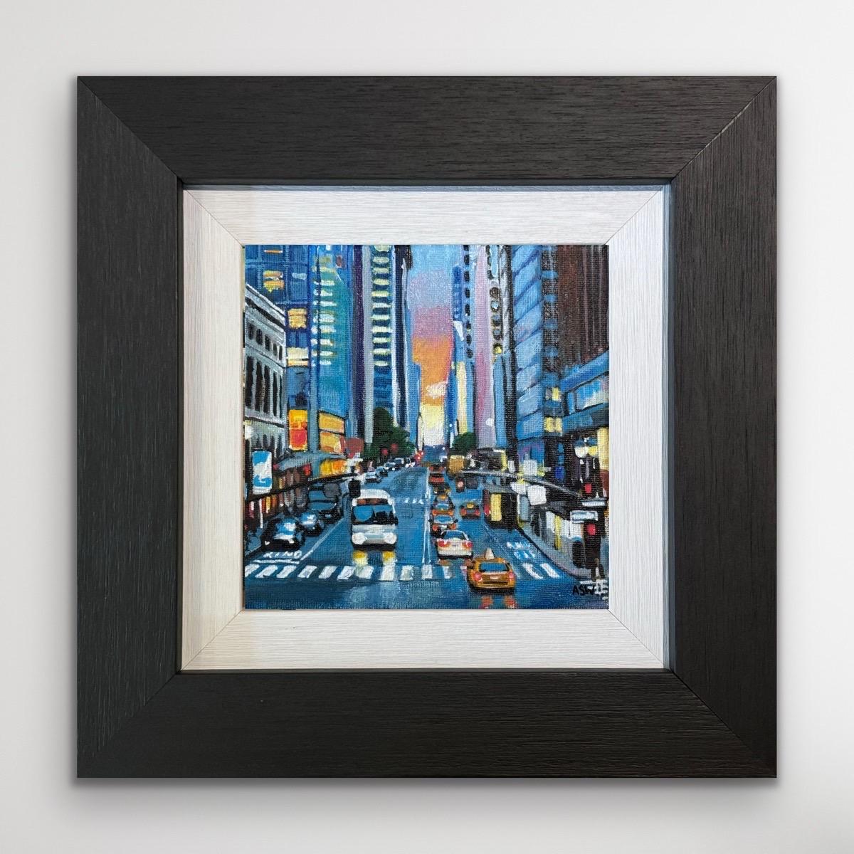 Peinture miniature d'une scène de rue de la ville de New York par l'artiste britannique Cityscape - Painting de Angela Wakefield