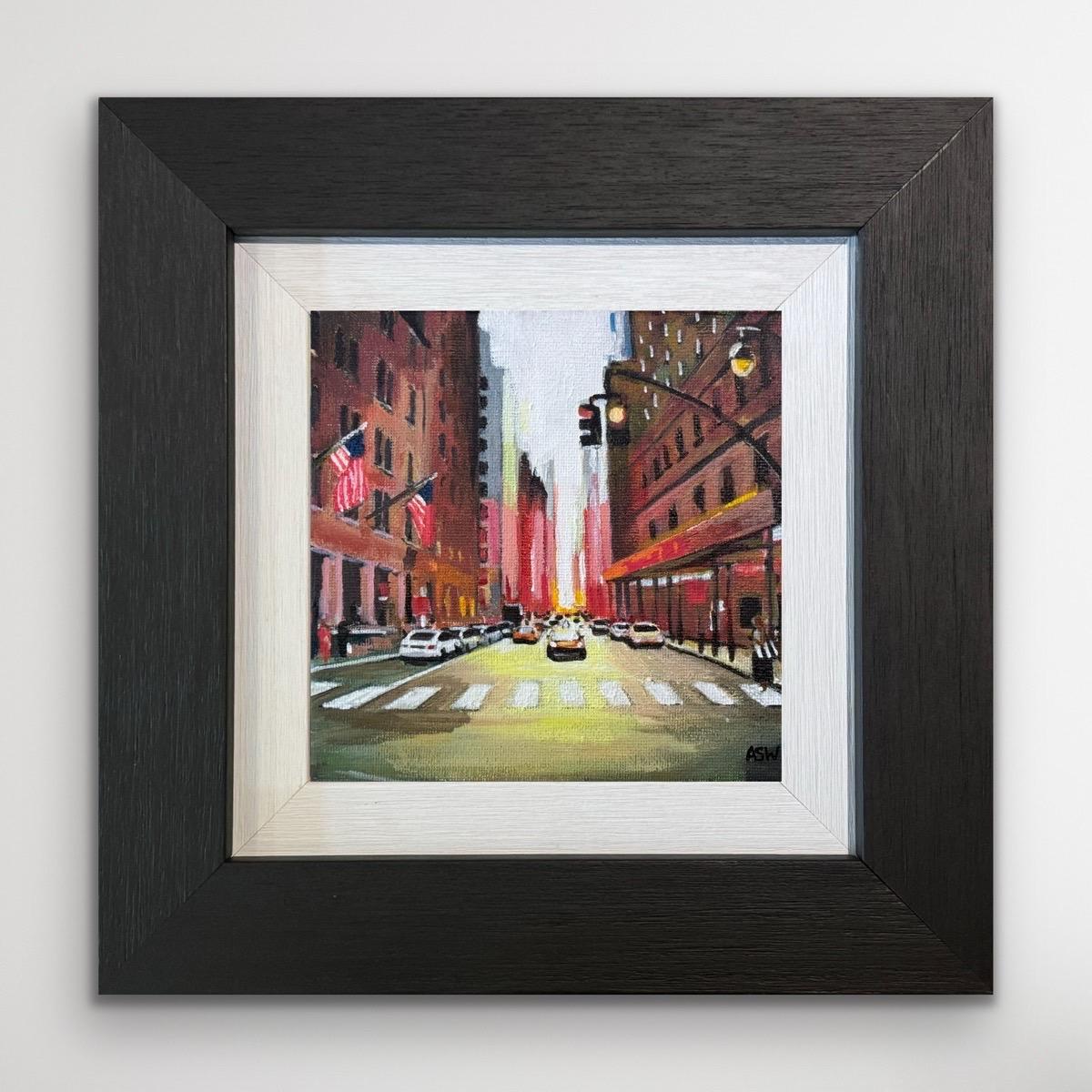 Peinture miniature d'une scène de rue de la ville de New York par l'artiste britannique Cityscape - Painting de Angela Wakefield