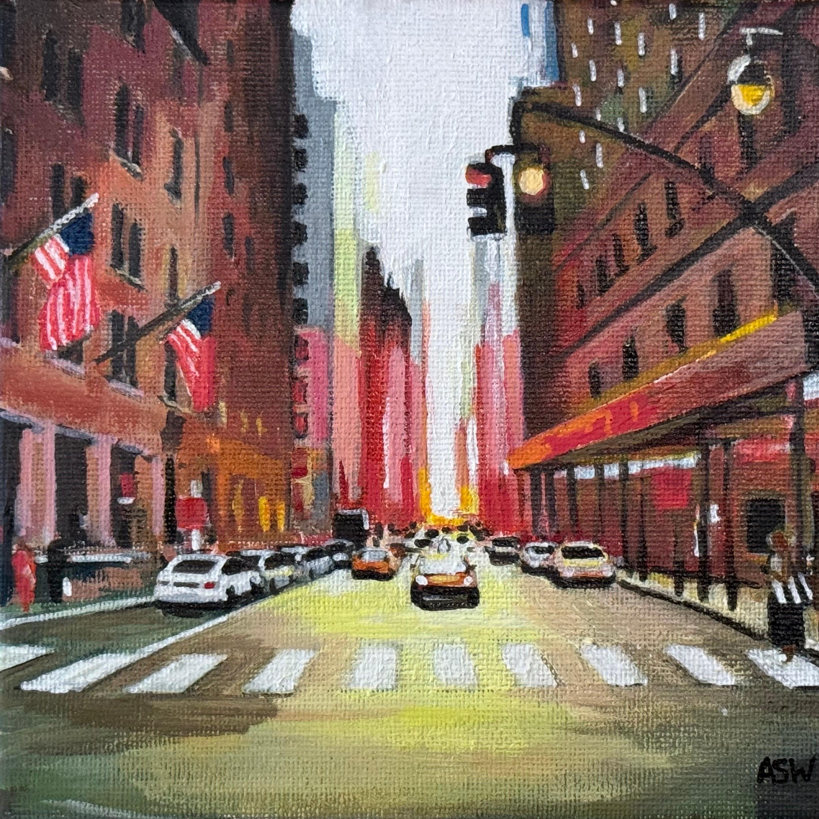 Peinture miniature d'une scène de rue de la ville de New York par l'artiste britannique Cityscape - Contemporain Painting par Angela Wakefield