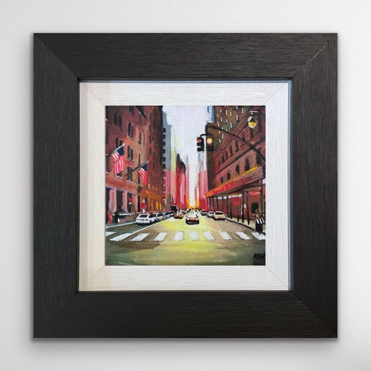 Peinture miniature d'une scène de rue de la ville de New York par l'artiste britannique Cityscape - un original unique de l'artiste contemporaine de premier plan, Angela Wakefield. Fait partie de la CollectionNew. 

L'œuvre d'art mesure 6 x 6