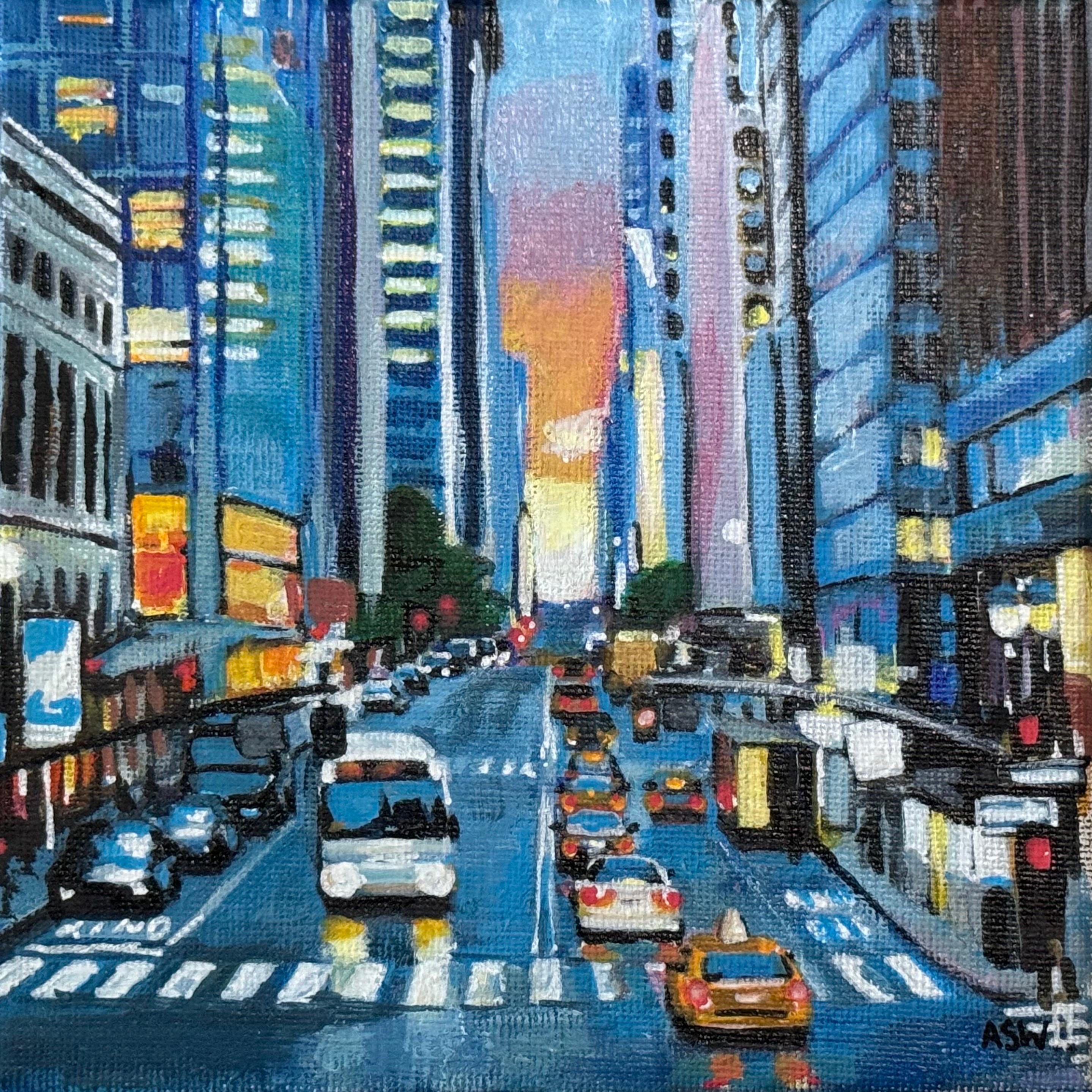 Peinture miniature d'une scène de rue de la ville de New York par l'artiste britannique Cityscape en vente 1