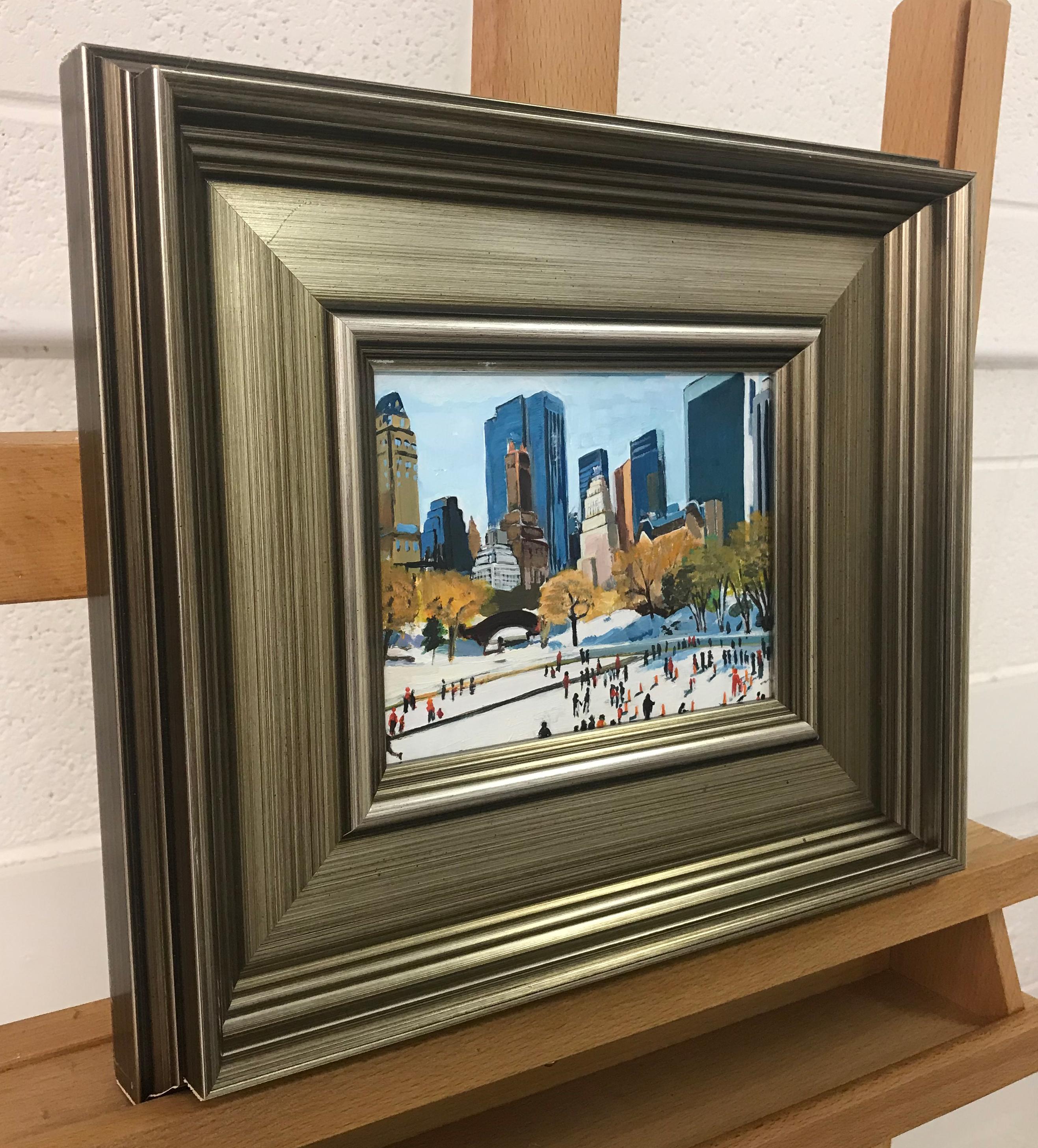 Miniature Painting of Skaters in Central Park New York City by British Artist - Gray Figurative Painting by Angela Wakefield