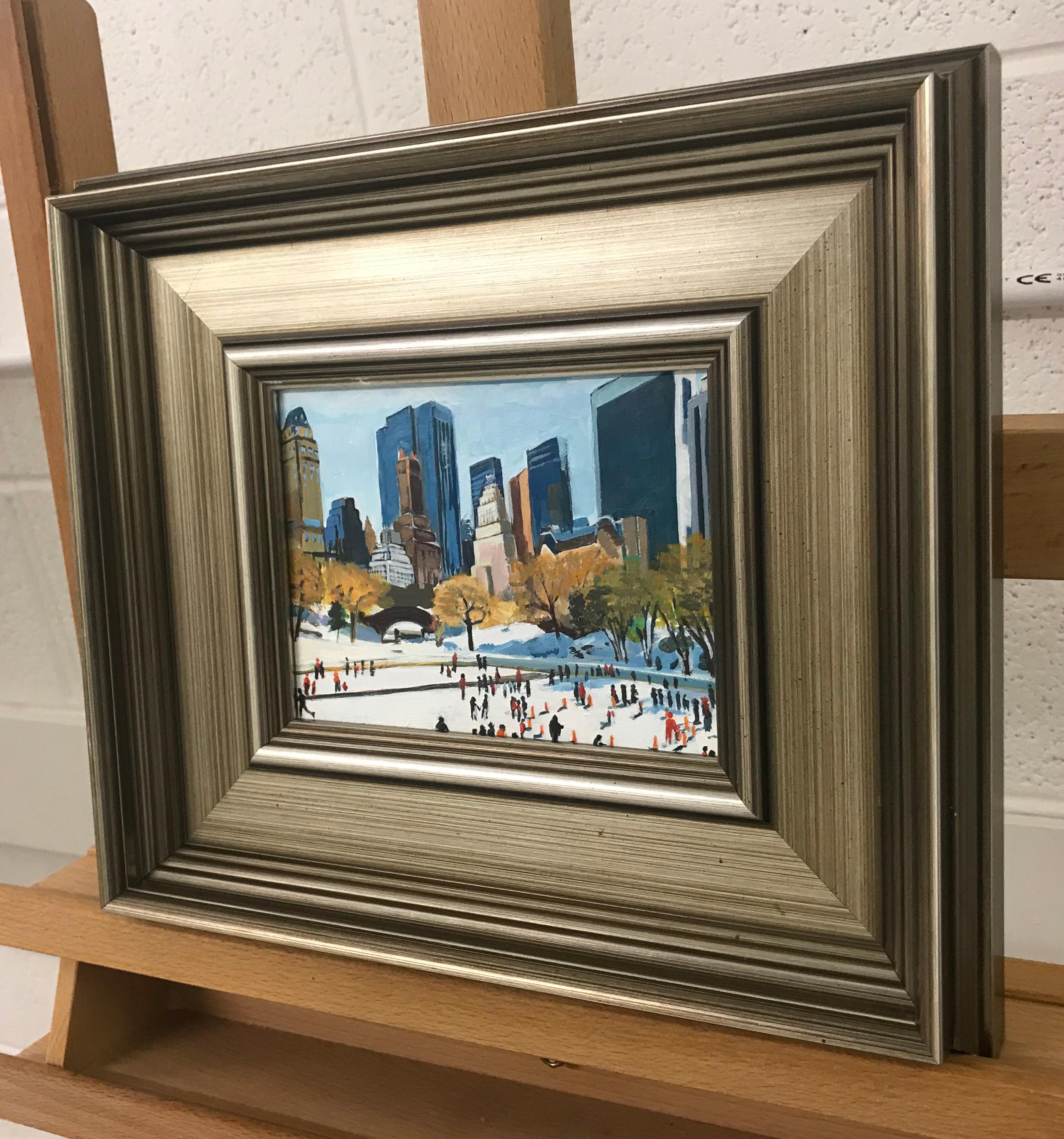 Small Study Painting of Skaters in Central Park, New York City. This is a rare miniature original from leading British Cityscape Artist, Angela Wakefield. Framed in a beautiful bronze moulding, the overall dimensions (including the frame) are