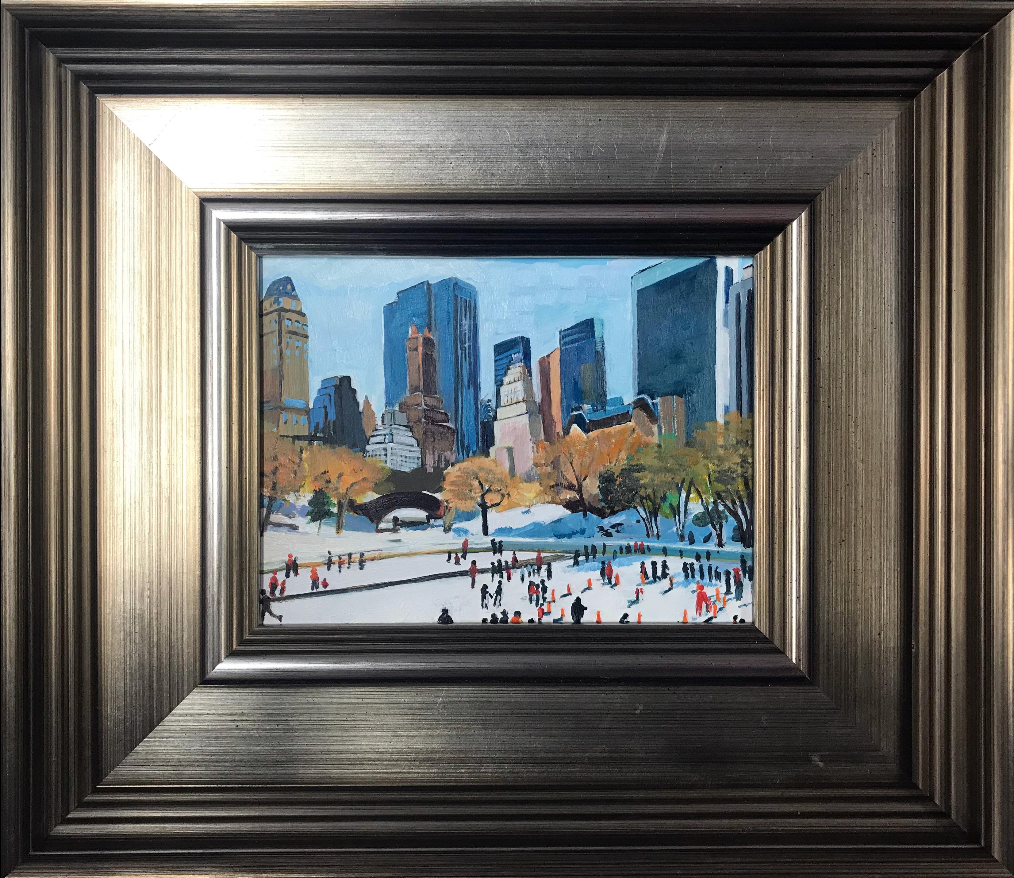 Miniature Painting of Skaters in Central Park New York City by British Artist 1