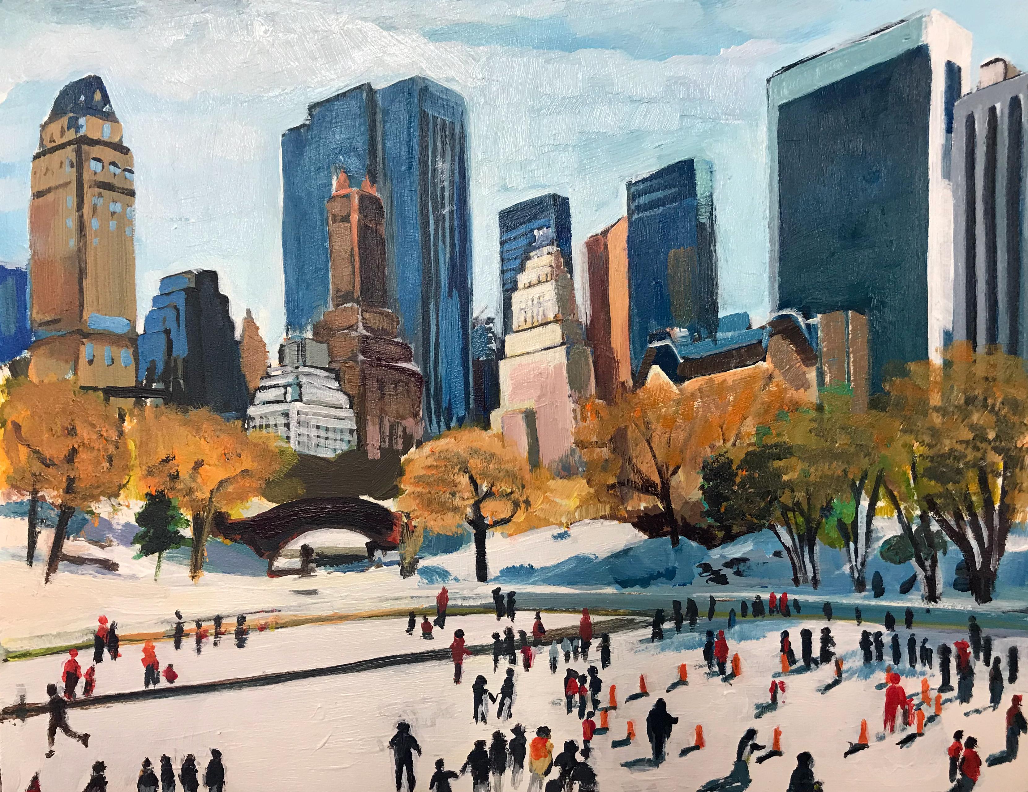 Angela Wakefield Figurative Painting - Miniature Painting of Skaters in Central Park New York City by British Artist