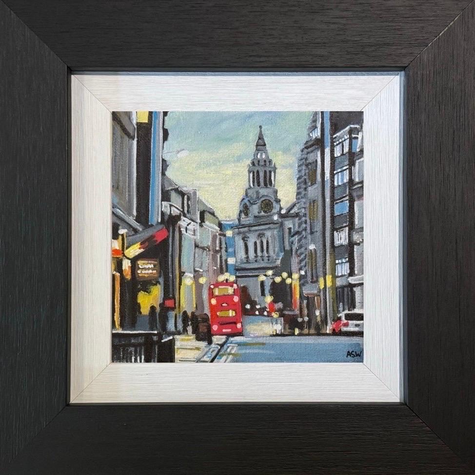 Peinture miniature de l'horloge de la cathédrale St Paul à Londres par un artiste britannique de la ville - Noir Landscape Painting par Angela Wakefield