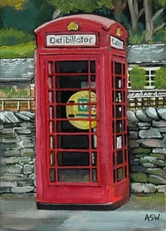 Miniature Painting of Telephone Box in Grasmere Village in Lake District England