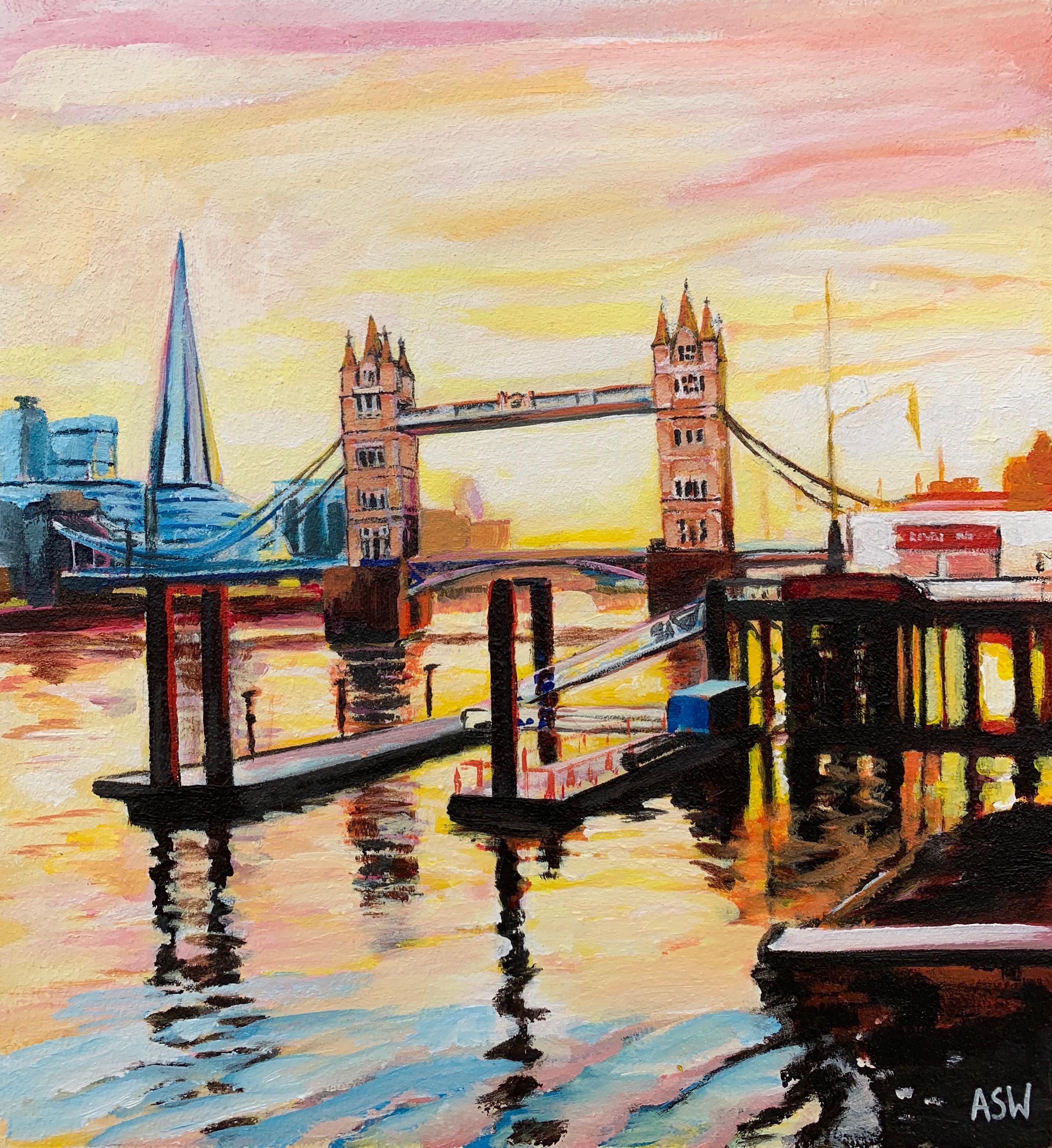 Peinture miniature d'un artiste contemporain britannique représentant Shard & Tower Bridge à Londres - Painting de Angela Wakefield