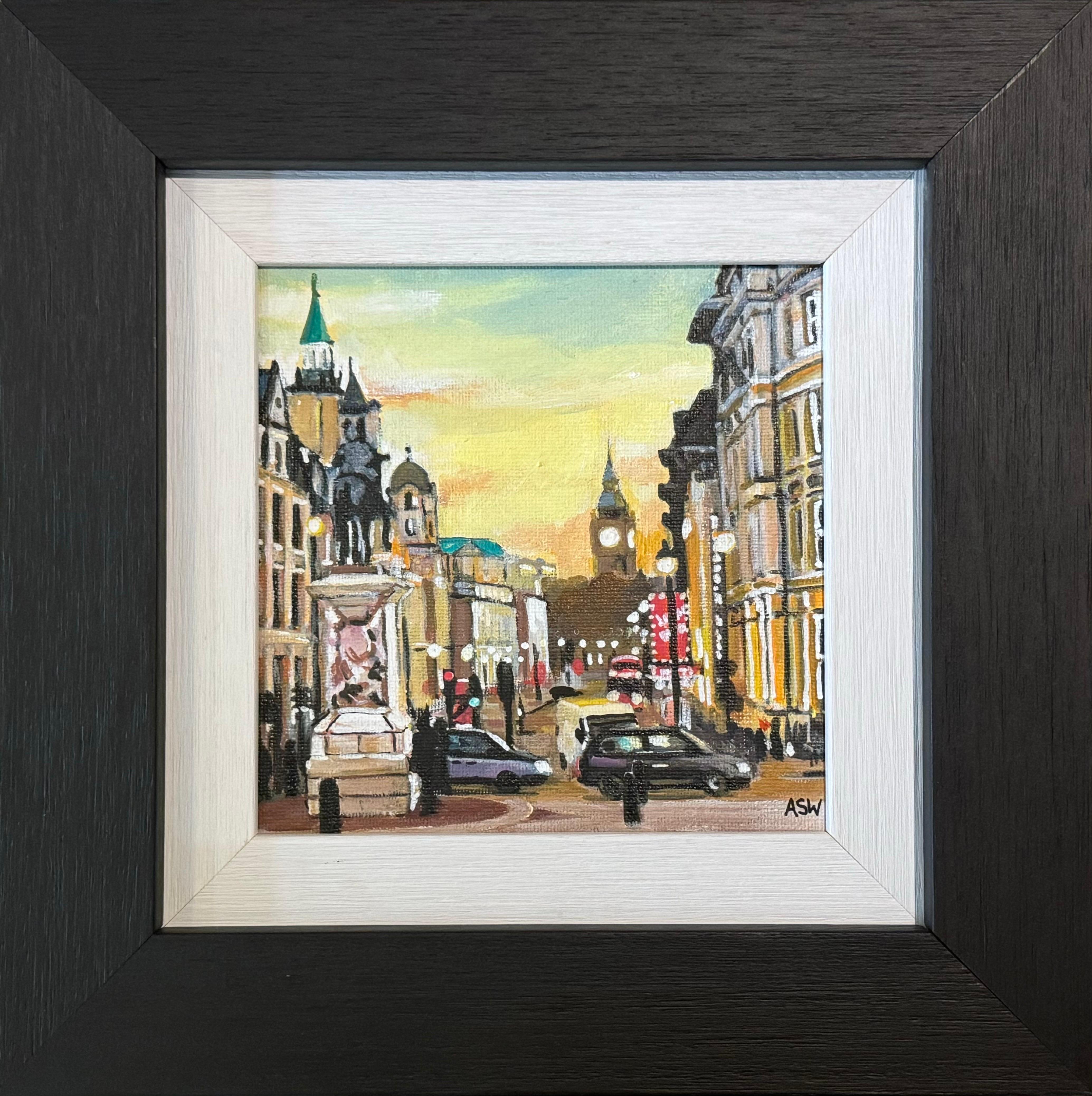 Quadro in miniatura di Trafalgar Square Londra Westminster realizzato da un artista britannico - Landscape Painting Nero di Angela Wakefield