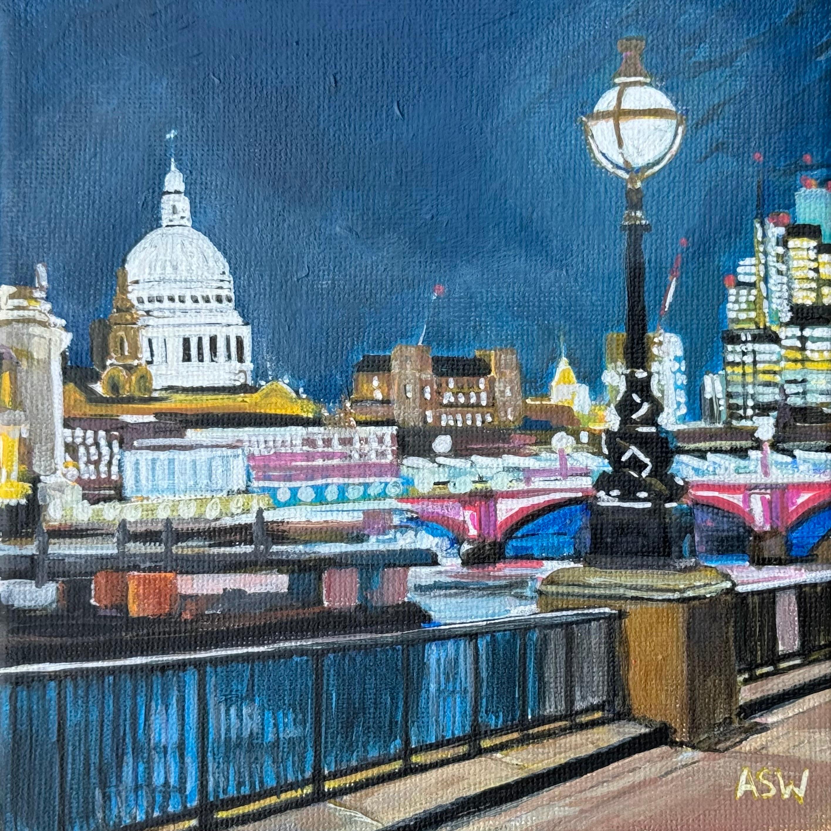 Miniature Painting of Victoria Embankment London & St Pauls Cathedral at Night For Sale 7