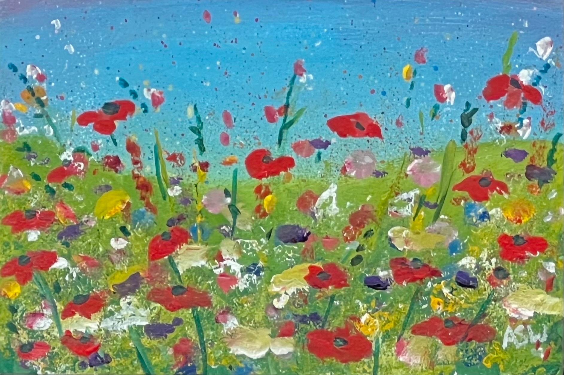 Miniature Red Poppy Flowers in a Wild Green Meadow with a Blue Sky in the English Countryside by Contemporary British Artist, Angela Wakefield. Framed in a contemporary black moulding with a white insert. 

Art measures 6 x 4 inches
Frame measures