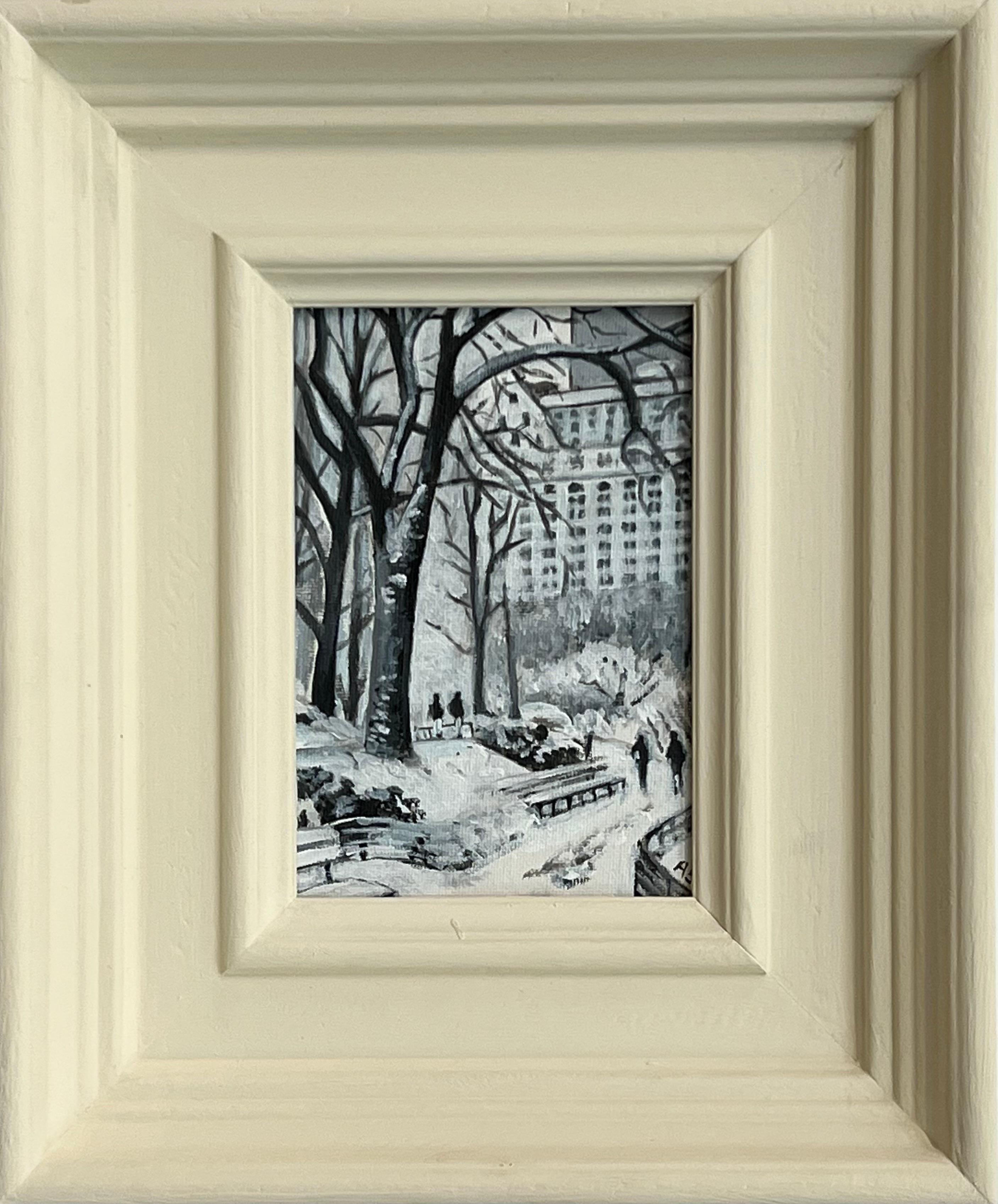 Angela Wakefield Figurative Painting - Miniature Study Central Park New York City Winter by Contemporary British Artist
