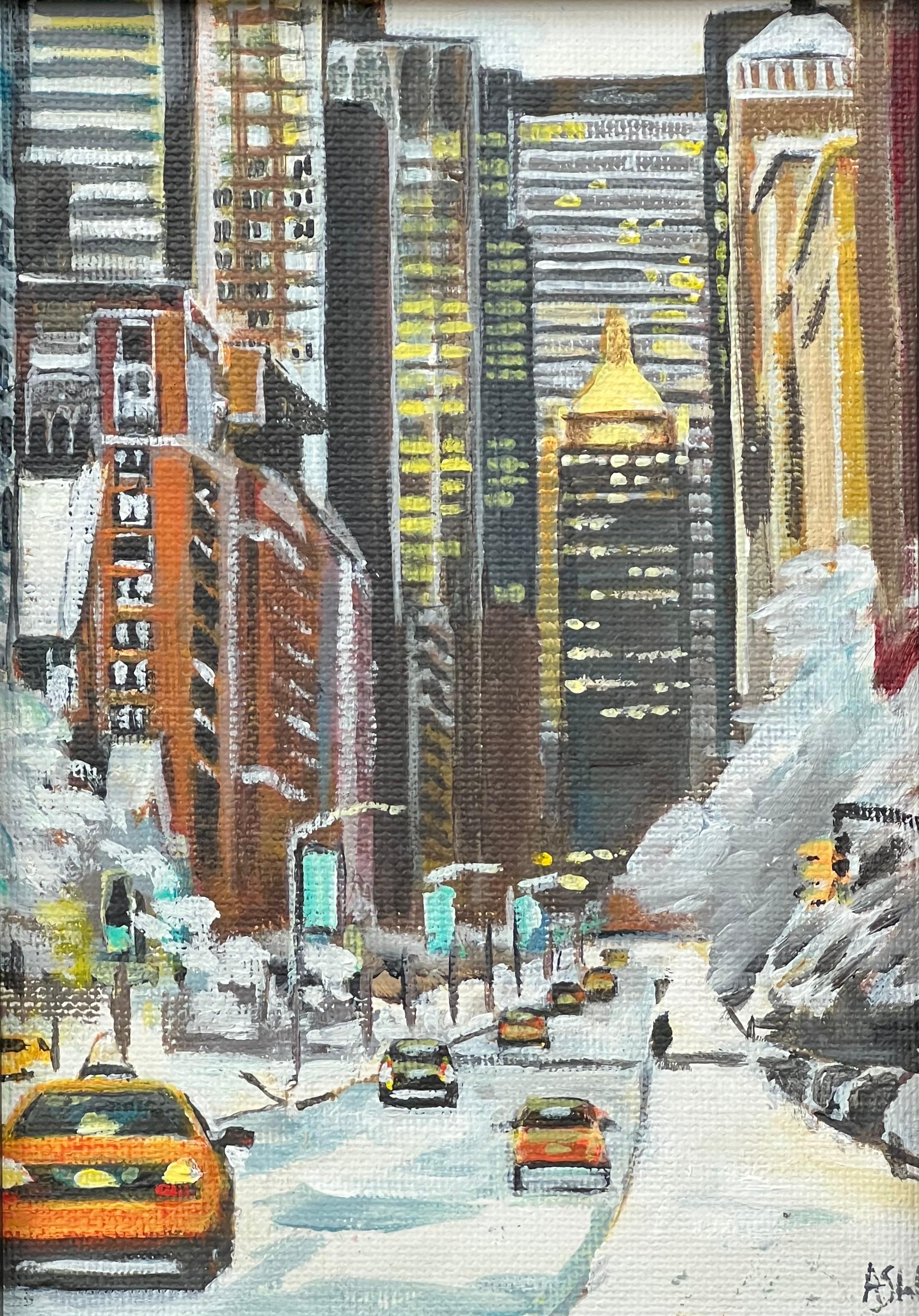 Miniature Study of New York City Street in Winter by Contemporary British Artist - Painting by Angela Wakefield