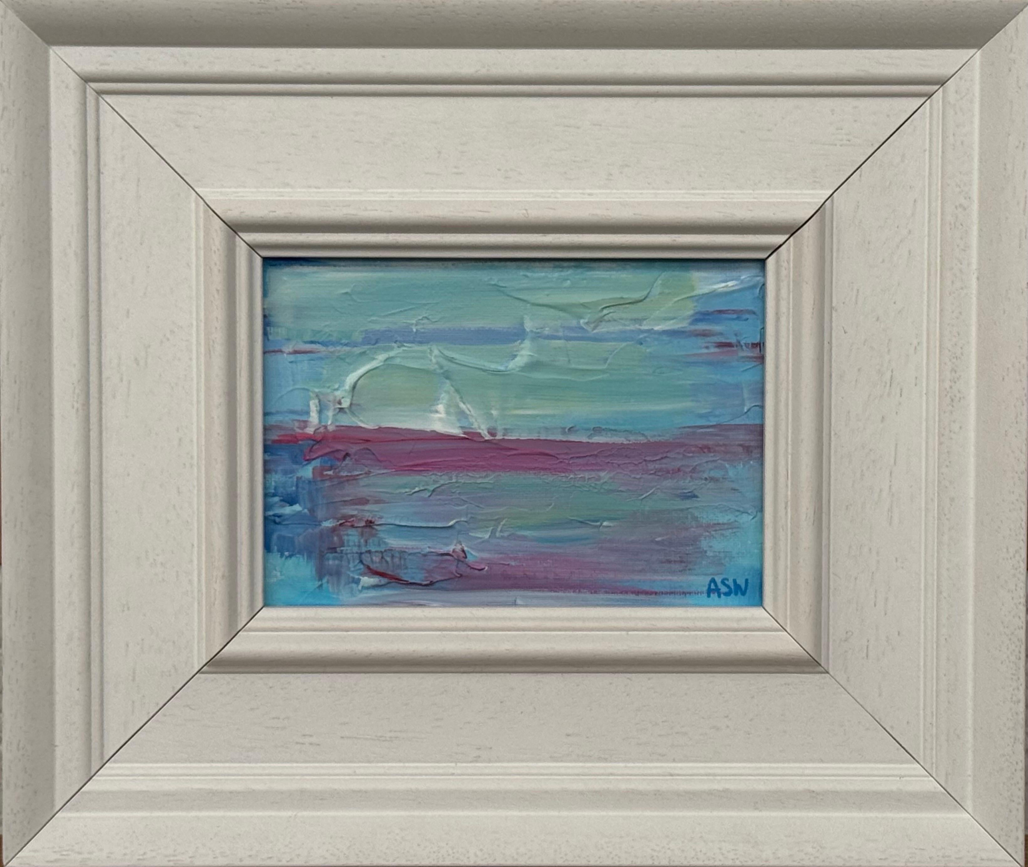 Angela Wakefield Landscape Painting - Miniature Textured Abstract Landscape Art in Calm Light Blue & Pink Colours