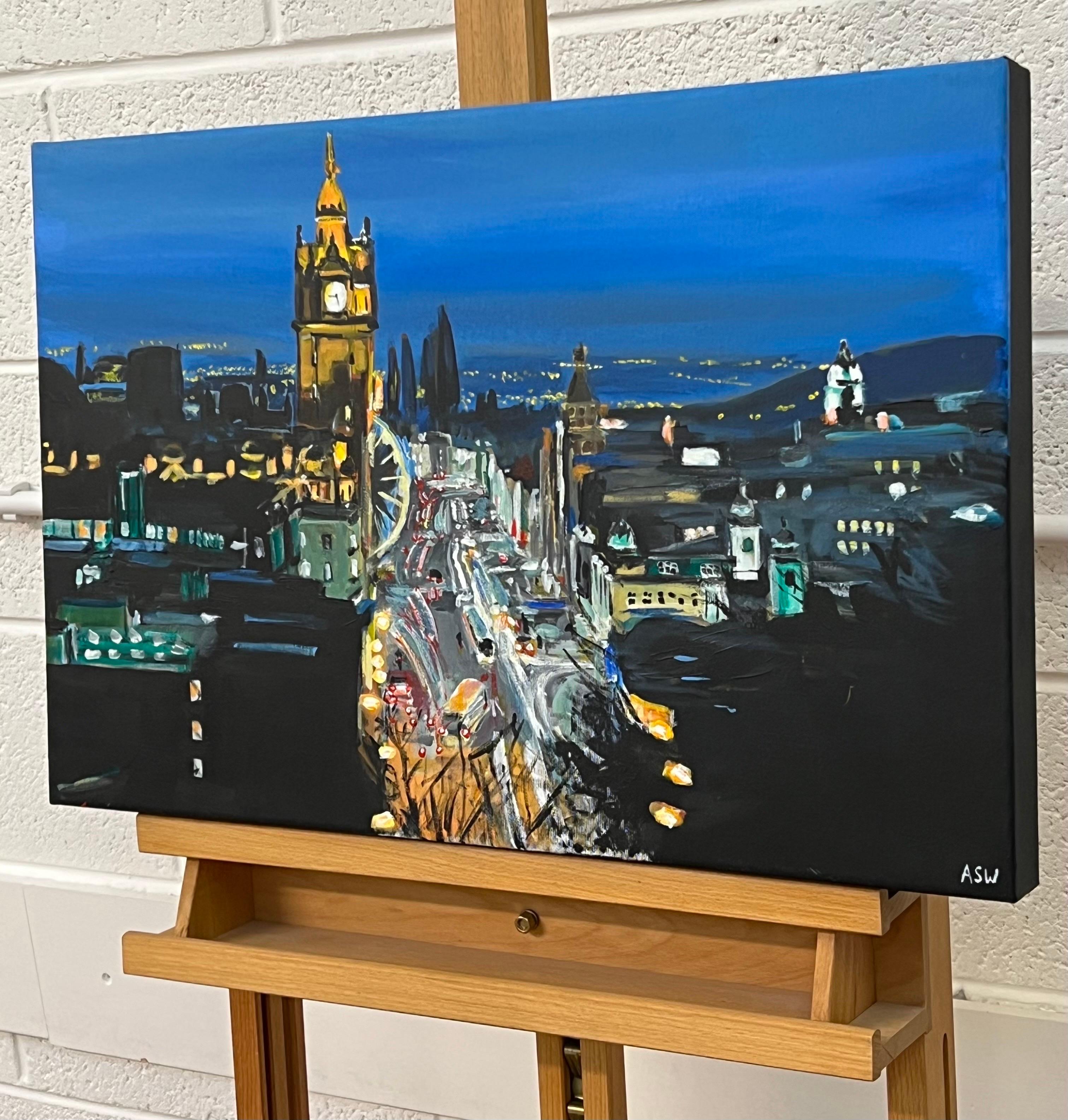 Modern Impressionist Painting of Princes Street in Edinburgh Scotland at Night For Sale 2