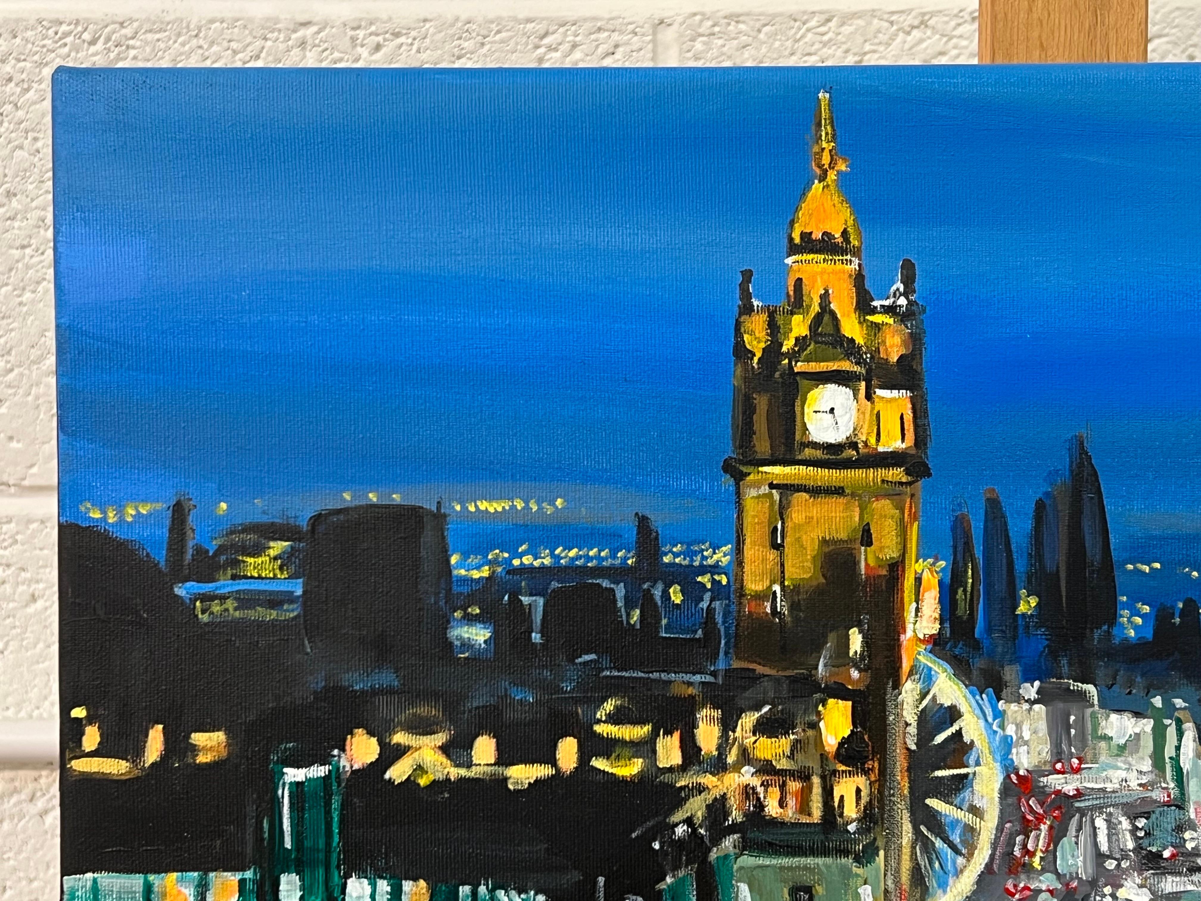 Modern Impressionist Painting of Princes Street in Edinburgh Scotland at Night For Sale 5