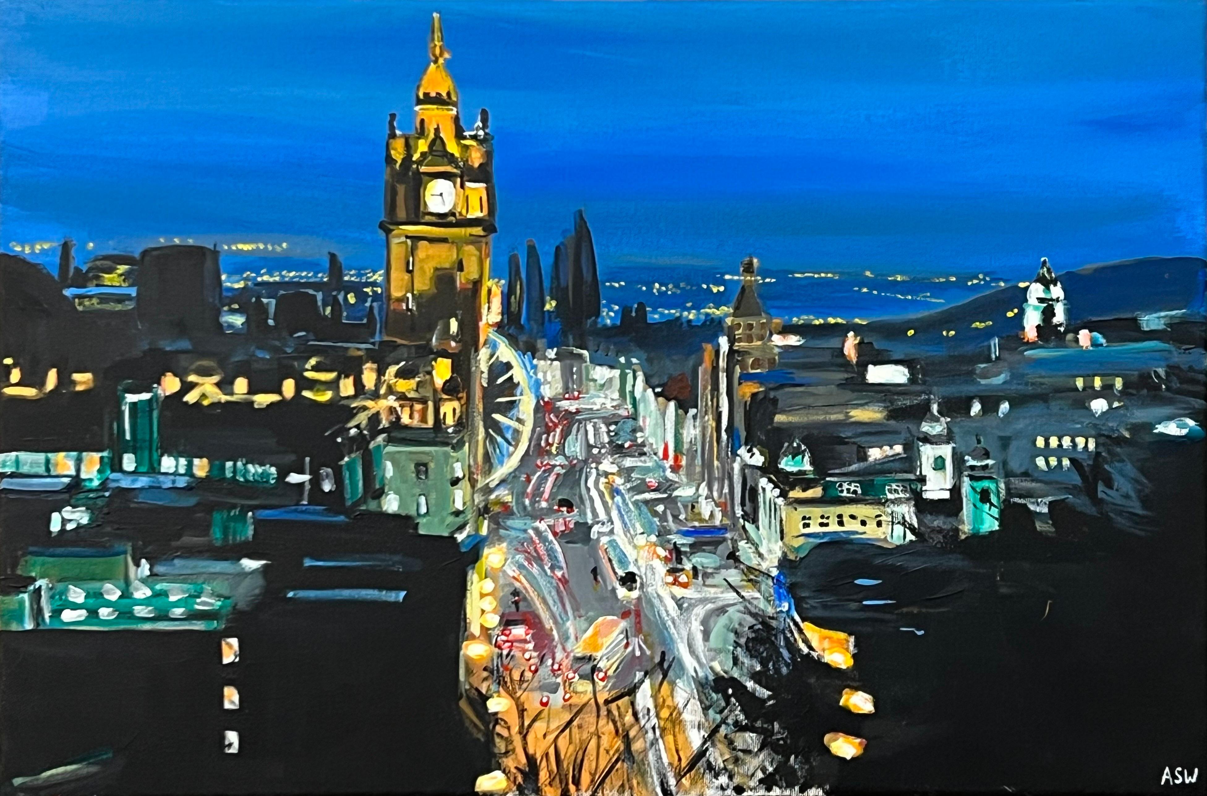 Angela Wakefield Figurative Painting - Modern Impressionist Painting of Princes Street in Edinburgh Scotland at Night