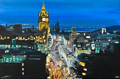 Modernes impressionistisches Gemälde der Princes Street in Edinburgh, Schottland in der Nacht