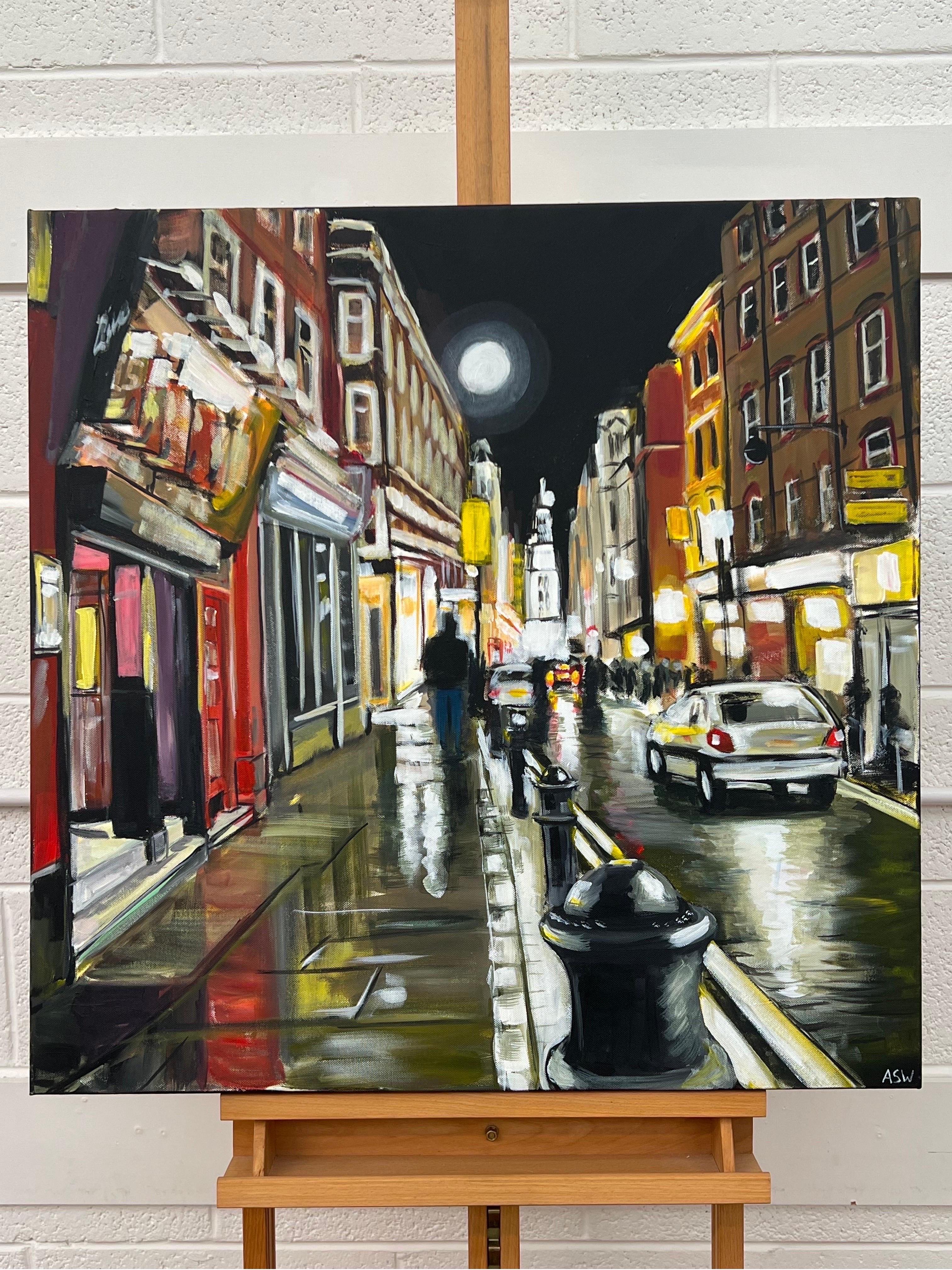 Modern Impressionist Painting of Soho London at Night by Urban Landscape Artist For Sale 1
