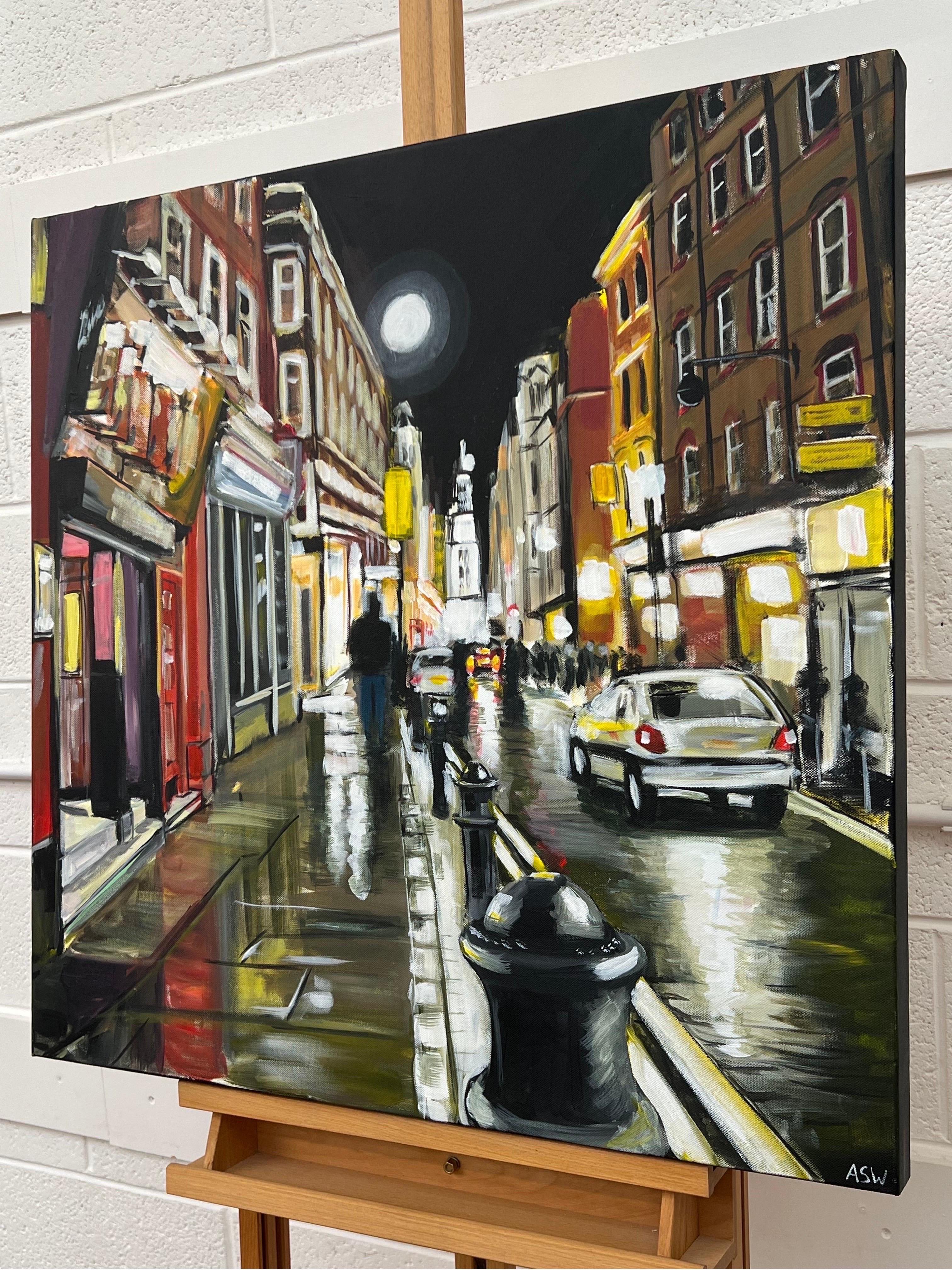 Modern Impressionist Painting of Soho London at Night by Urban Landscape Artist For Sale 2