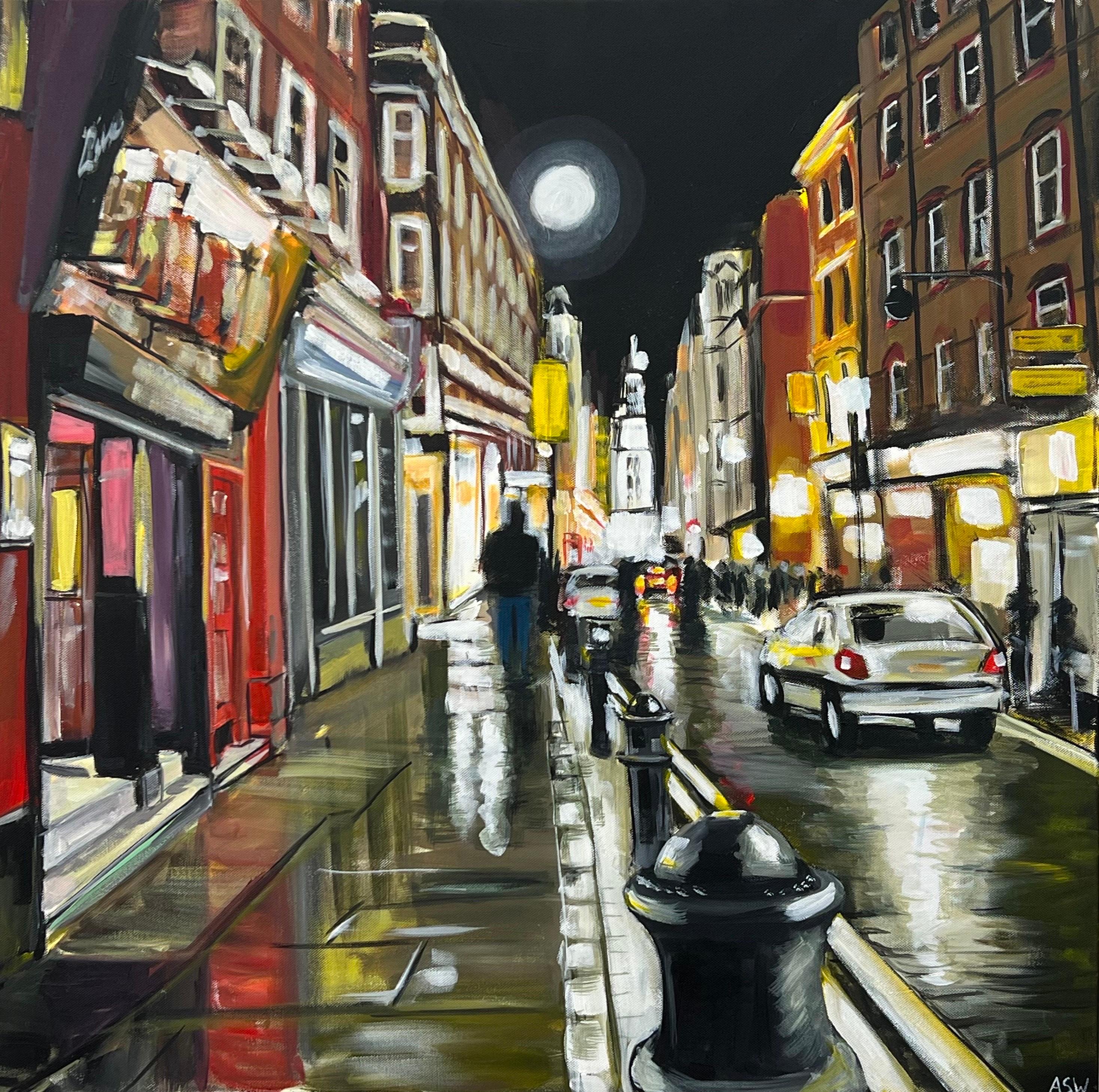 Angela Wakefield Figurative Painting - Modern Impressionist Painting of Soho London at Night by Urban Landscape Artist