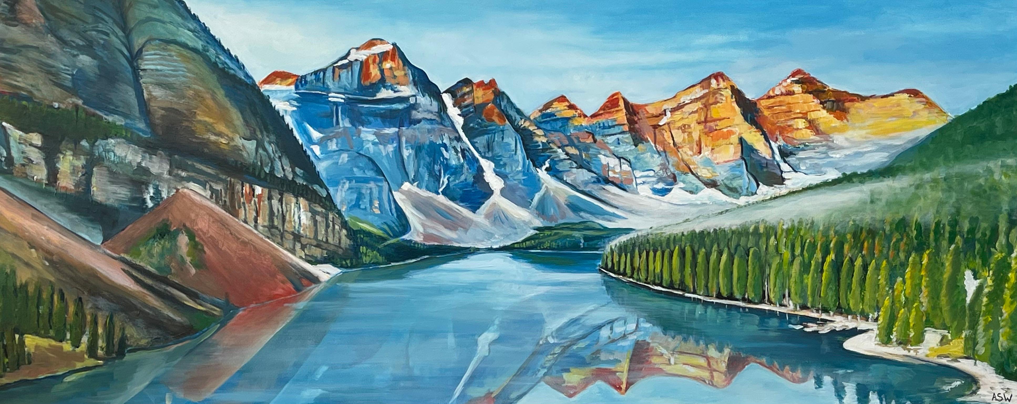 Modernes Landschaftsgemälde von Lake Moraine in Lake Alberta Kanada von zeitgenössischem Künstler

Kunst misst 40 x 20 Zoll
Der Rahmen misst 46 x 26 Zoll (gerahmt in einer hochwertigen modernen weißen Leiste) 

Angela Wakefield war zweimal auf dem