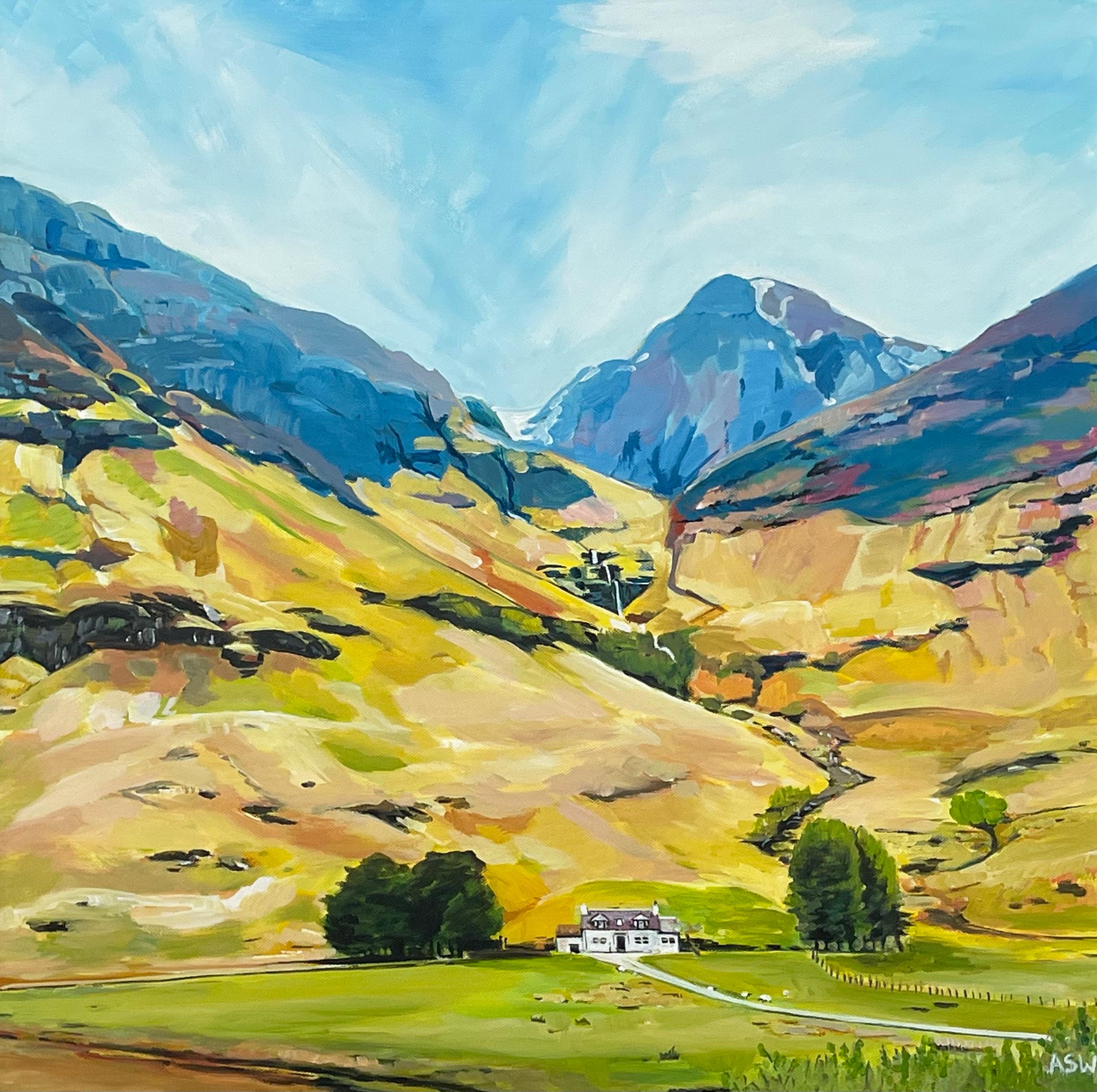 Peinture de paysage moderne des Highlands écossais par un artiste contemporain - Beige Abstract Painting par Angela Wakefield