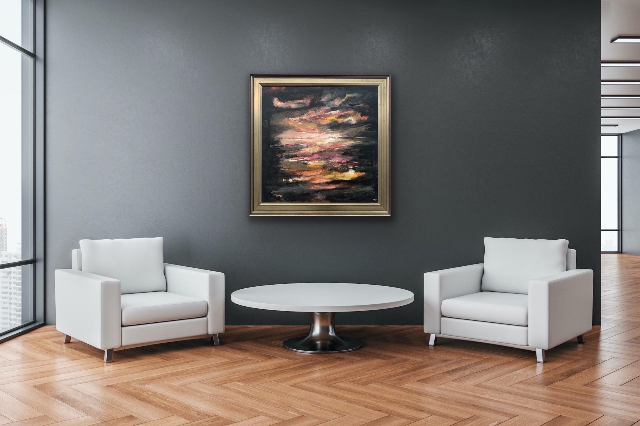 Art de paysage marin abstrait atmosphérique de la baie de Moonlight par un artiste britannique contemporain - Noir Landscape Painting par Angela Wakefield