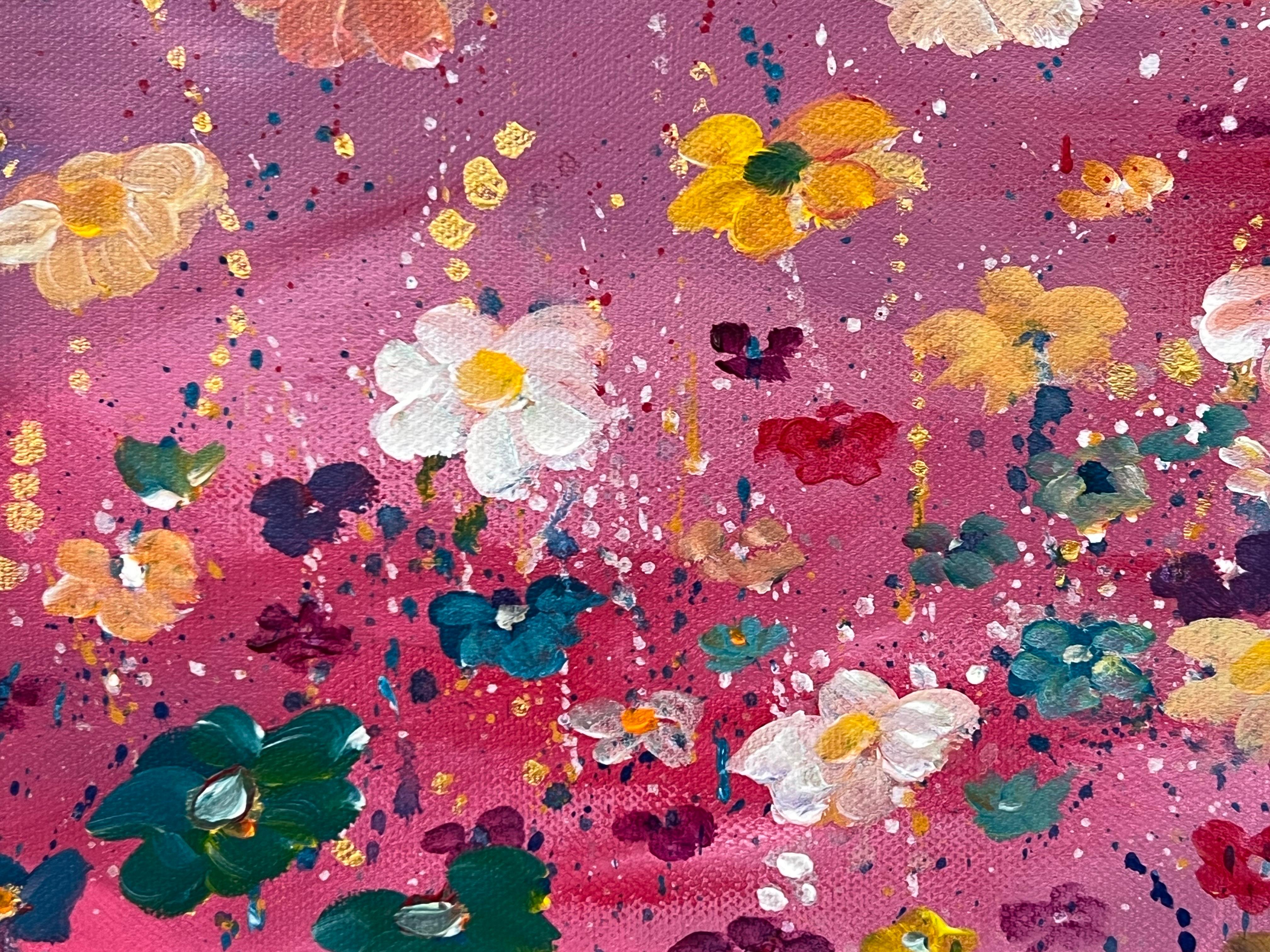 Fleurs sauvages multicolores sur fond rose turquoise par un artiste contemporain en vente 7