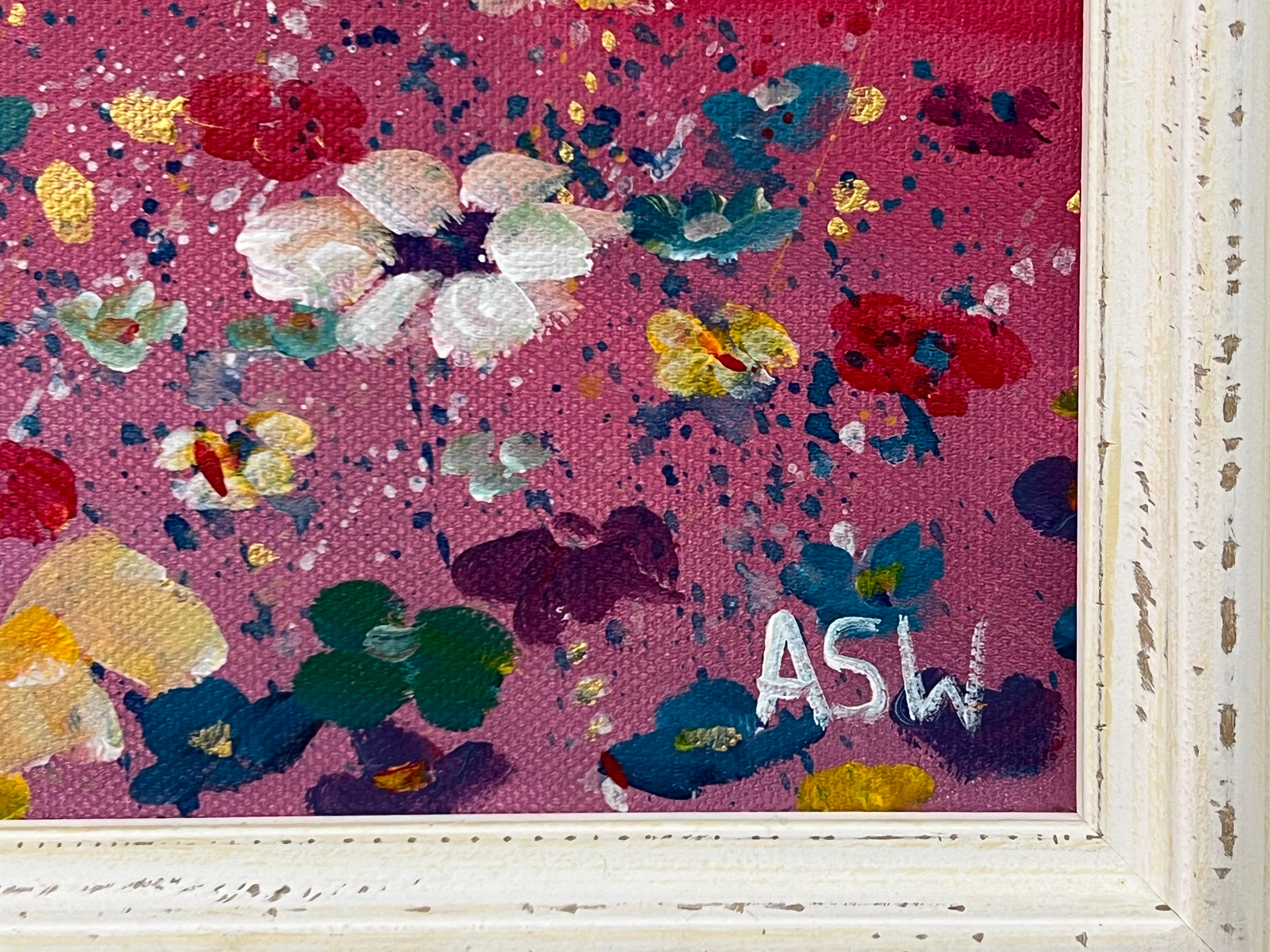 Mehrfarbige Wildblumen auf türkis-rosa Hintergrund von Contemporary Artist im Angebot 8