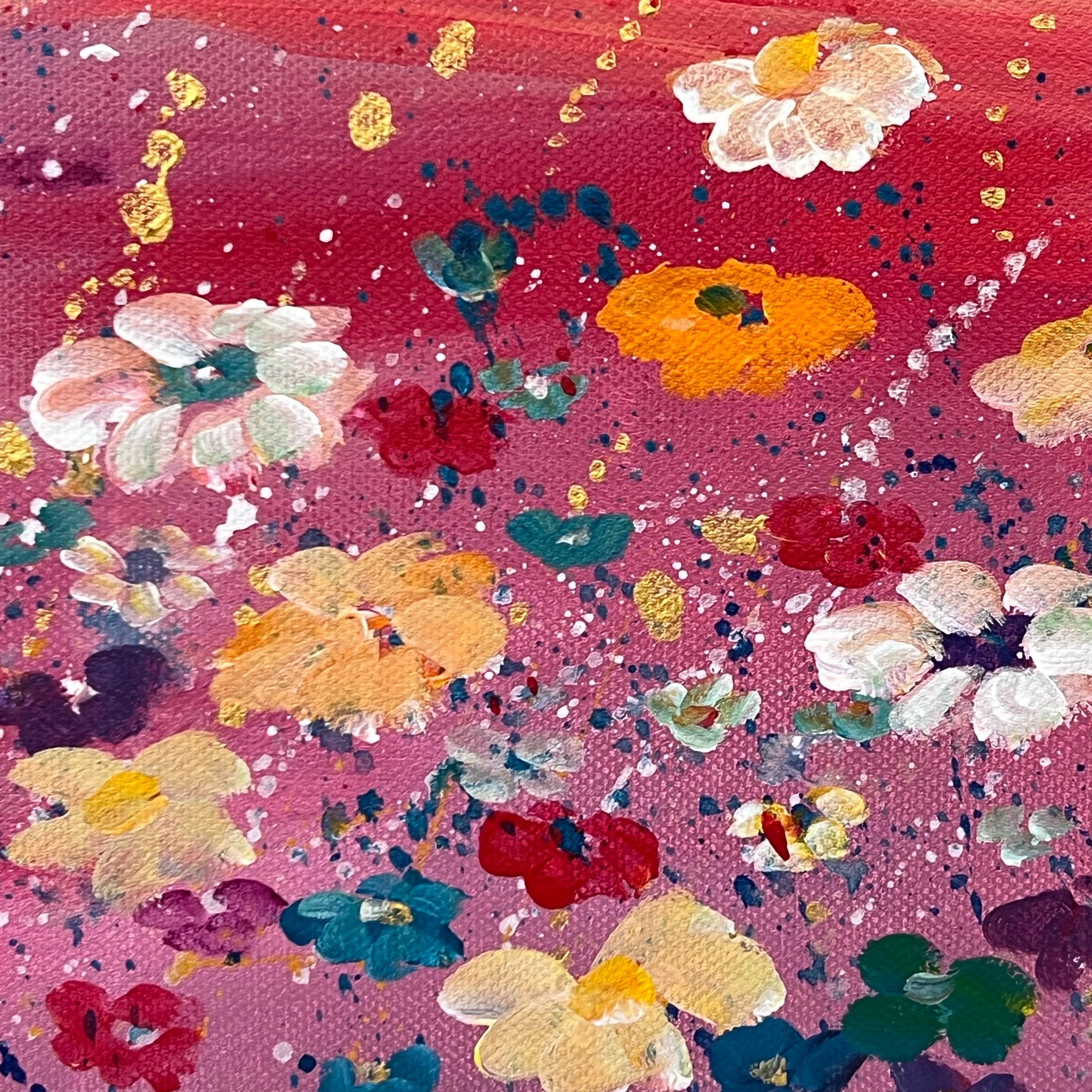 Mehrfarbige Wildblumen auf türkis-rosa Hintergrund von Contemporary Artist im Angebot 9