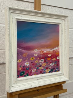 Multi Coloured Wild Flowers on Turquoise Pink Background by Contemporary Artist