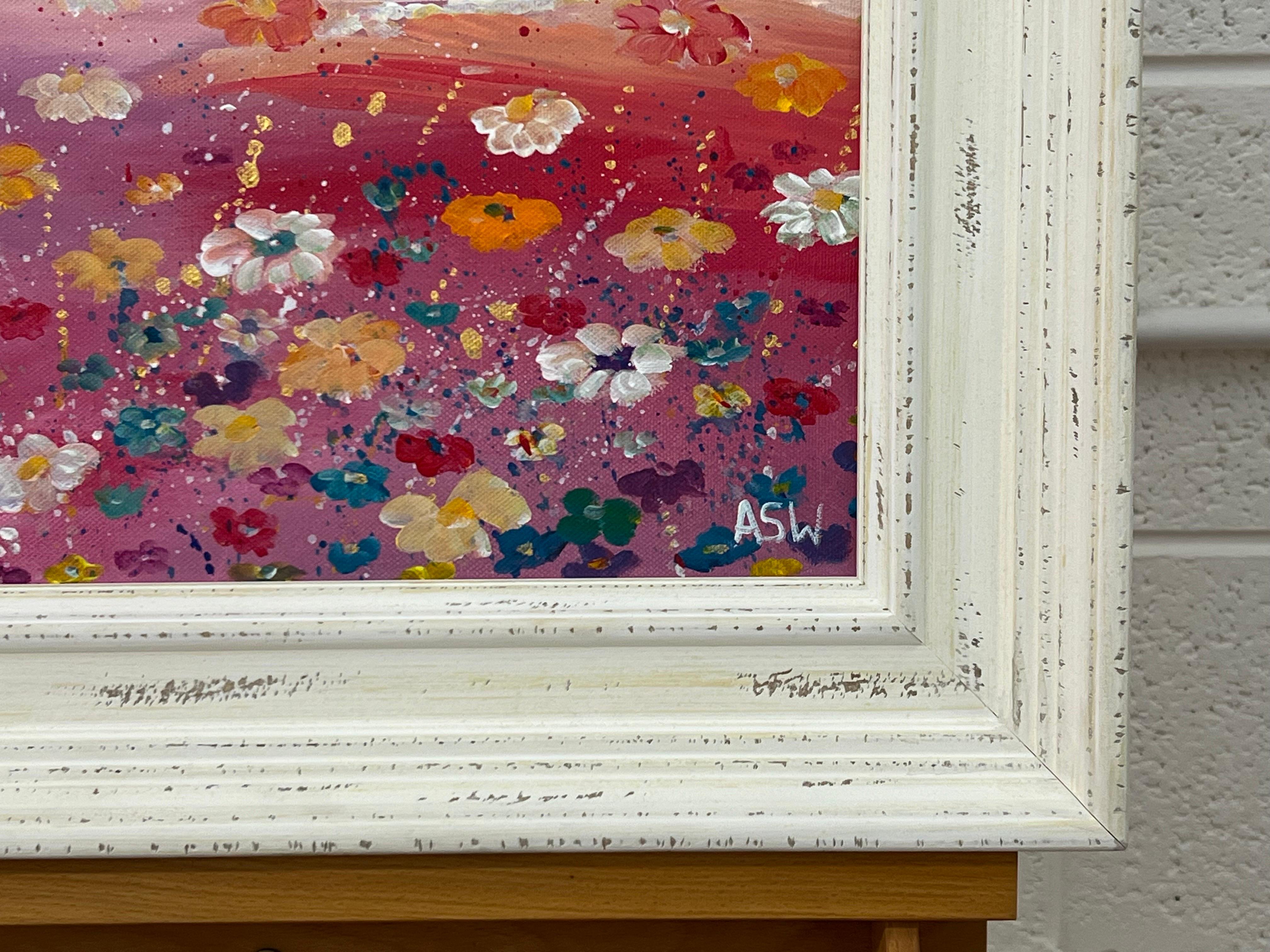 Mehrfarbige Wildblumen auf türkis-rosa Hintergrund von Contemporary Artist im Angebot 1
