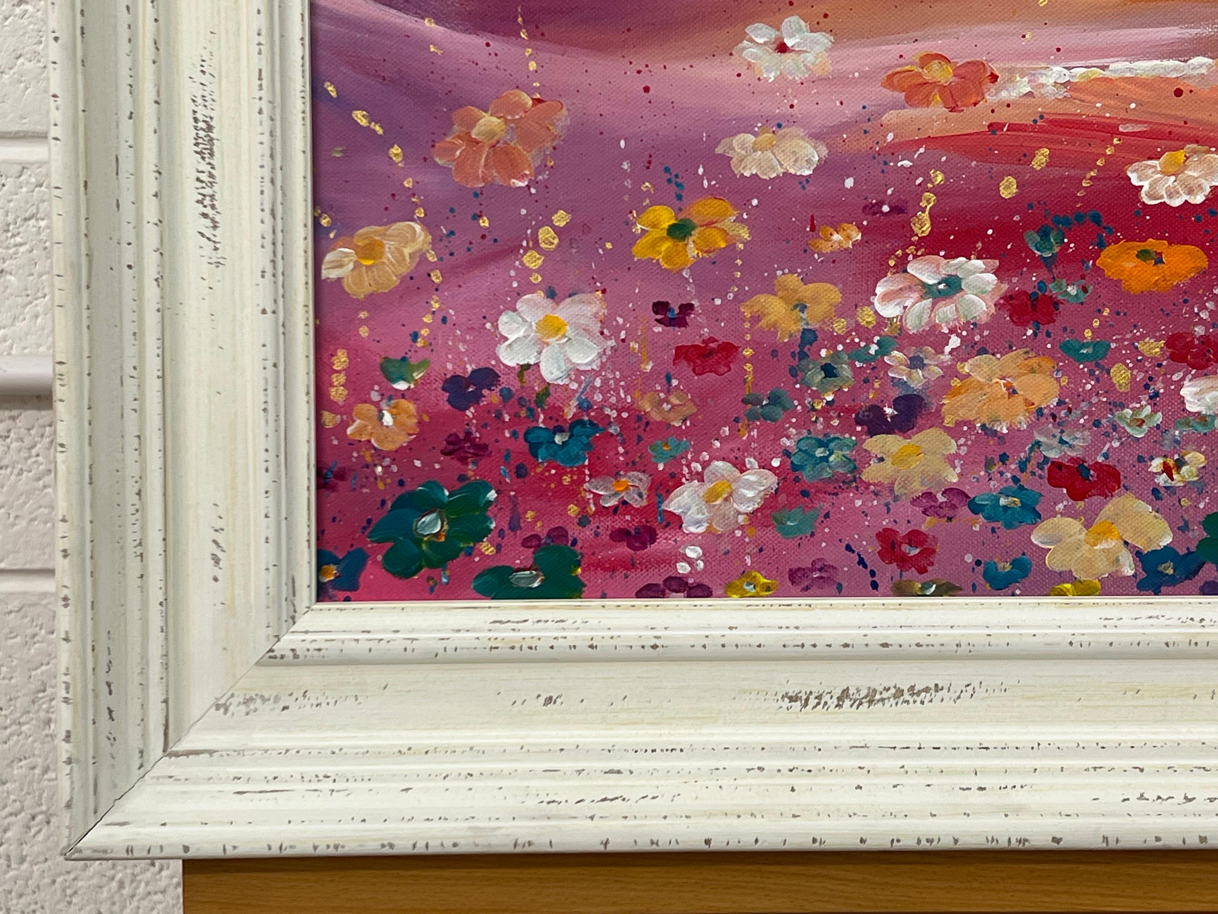 Fleurs sauvages multicolores sur fond rose turquoise par un artiste contemporain en vente 4